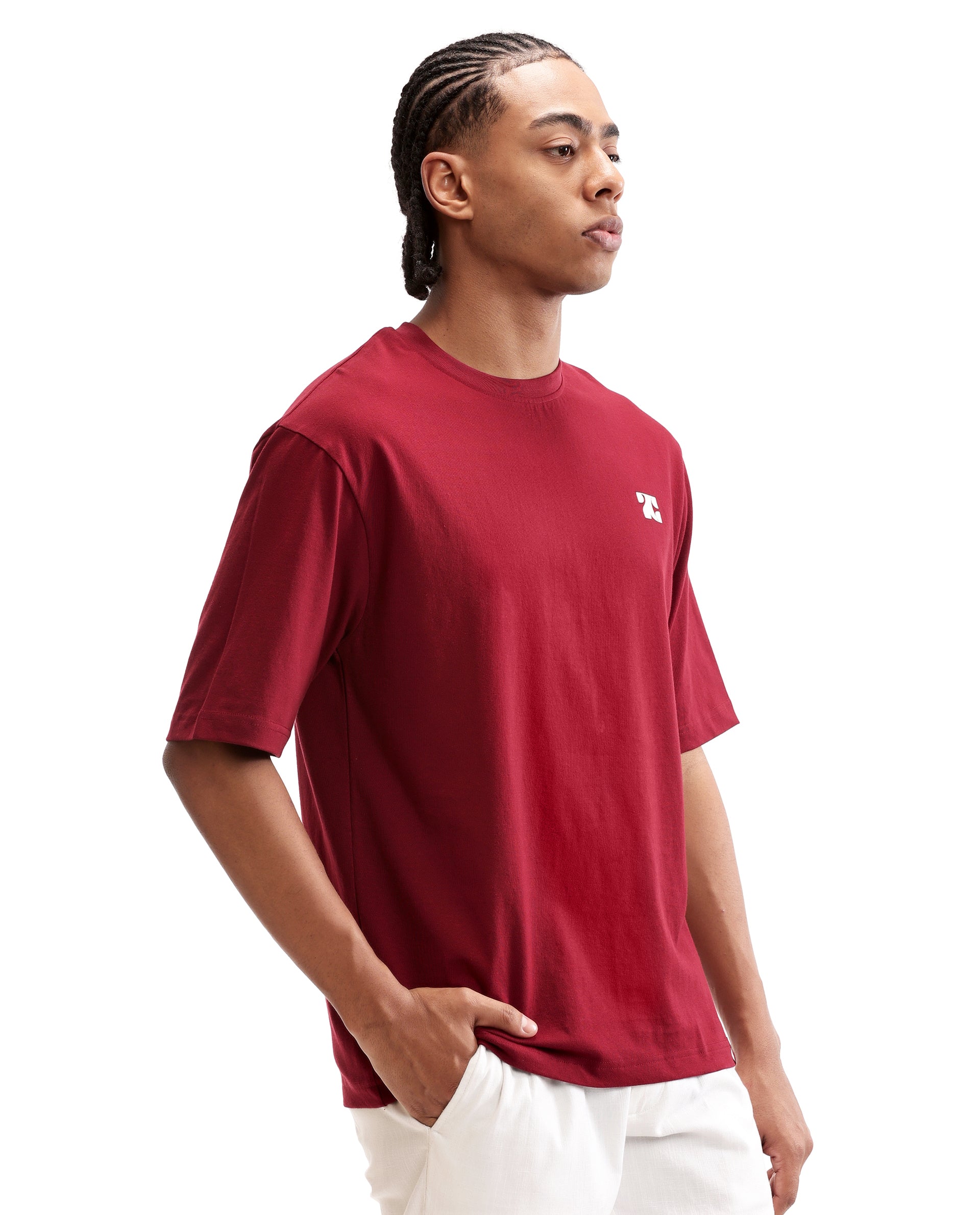 Bordeaux Maroon Single Jersey Crew Neck Oversized T-Shirt with Pure White HD Print