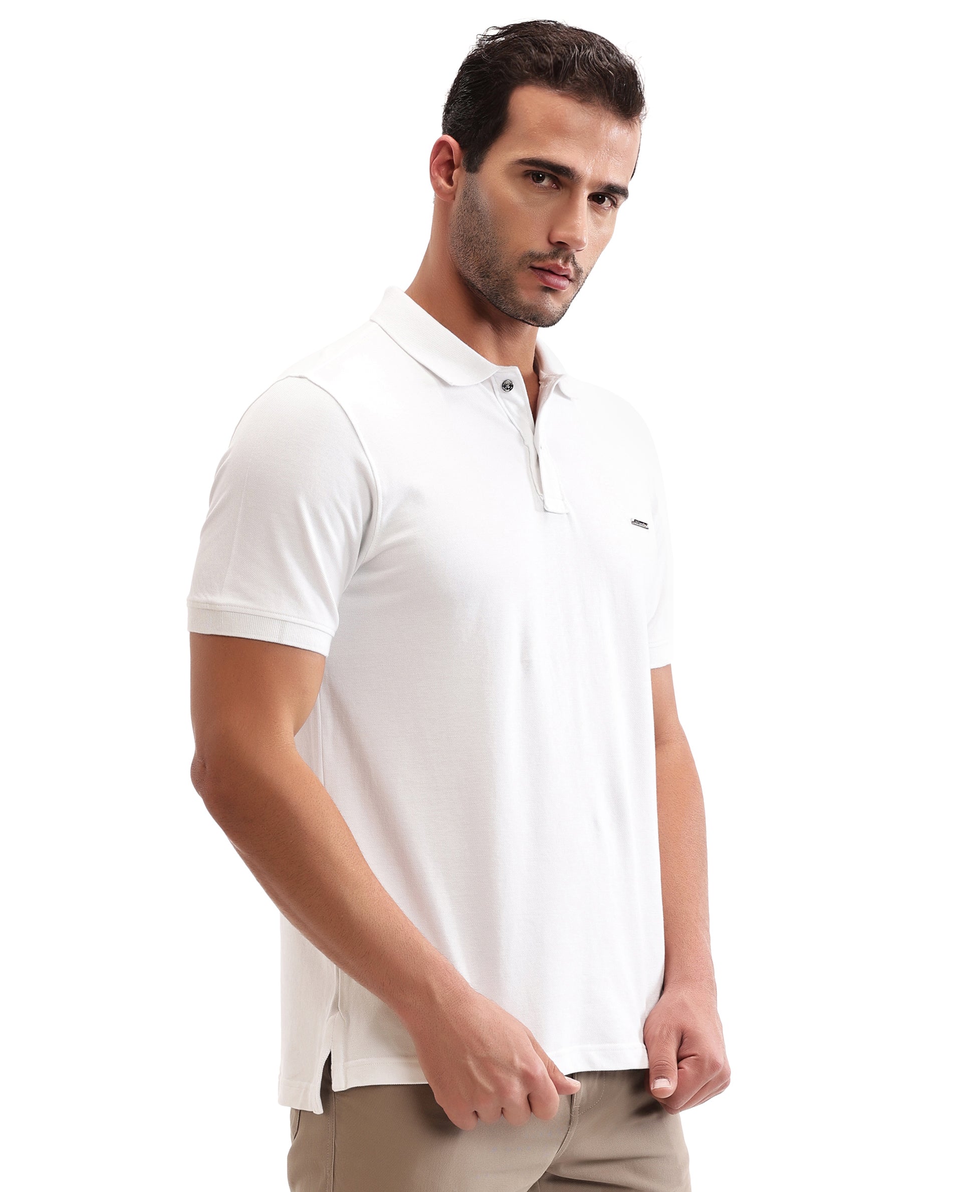 Pure White Pique Polo with Metal Buttons, 7C Metal Badge