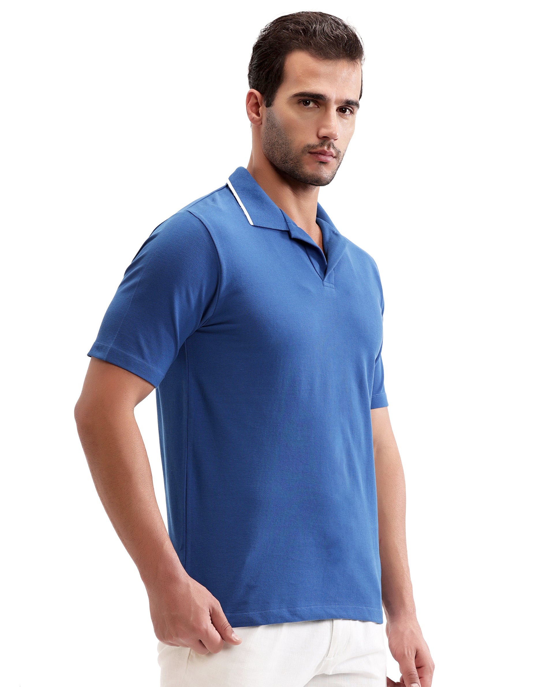 Prussian Blue Johnny Collar Polo with White Collar Piping