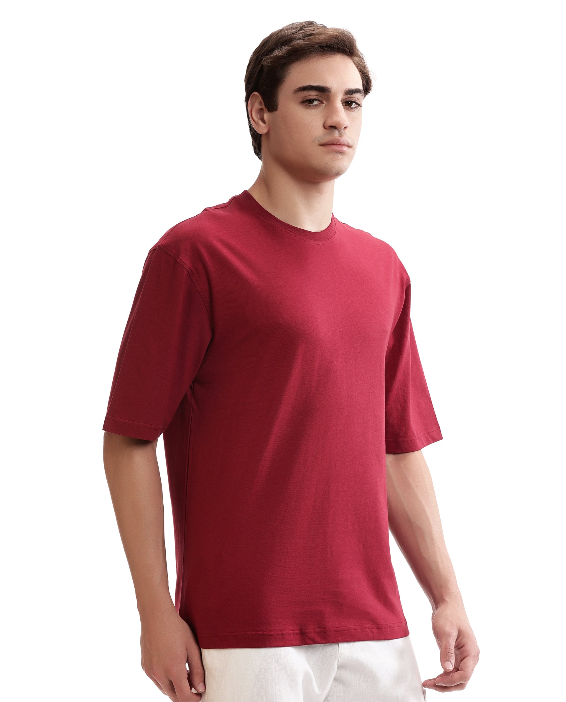Bordeaux Maroon Single Jersey Crew Neck Oversized T-Shirt