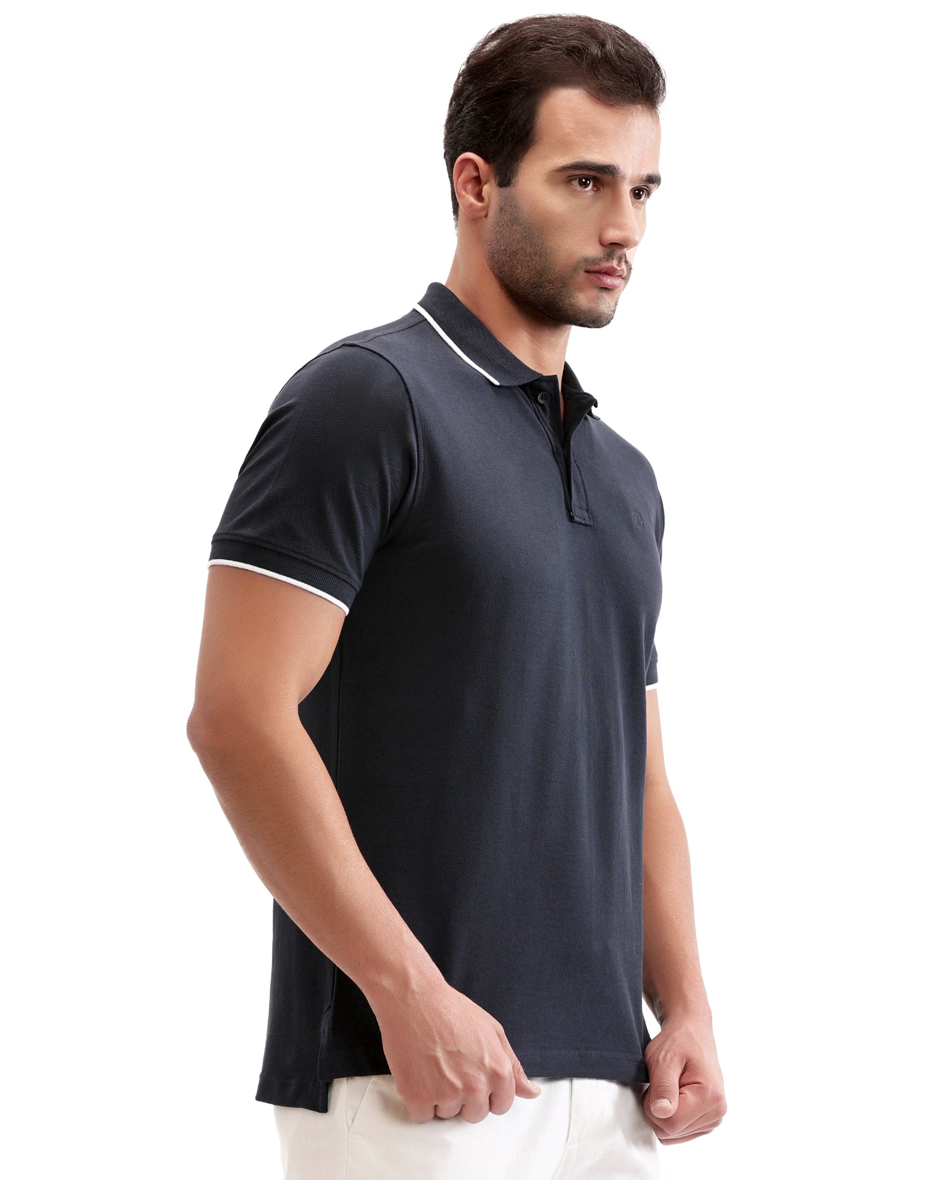 Midnight Navy Blue Pique Polo with White Collar Piping, Tone-on-Tone 7C Embroidery