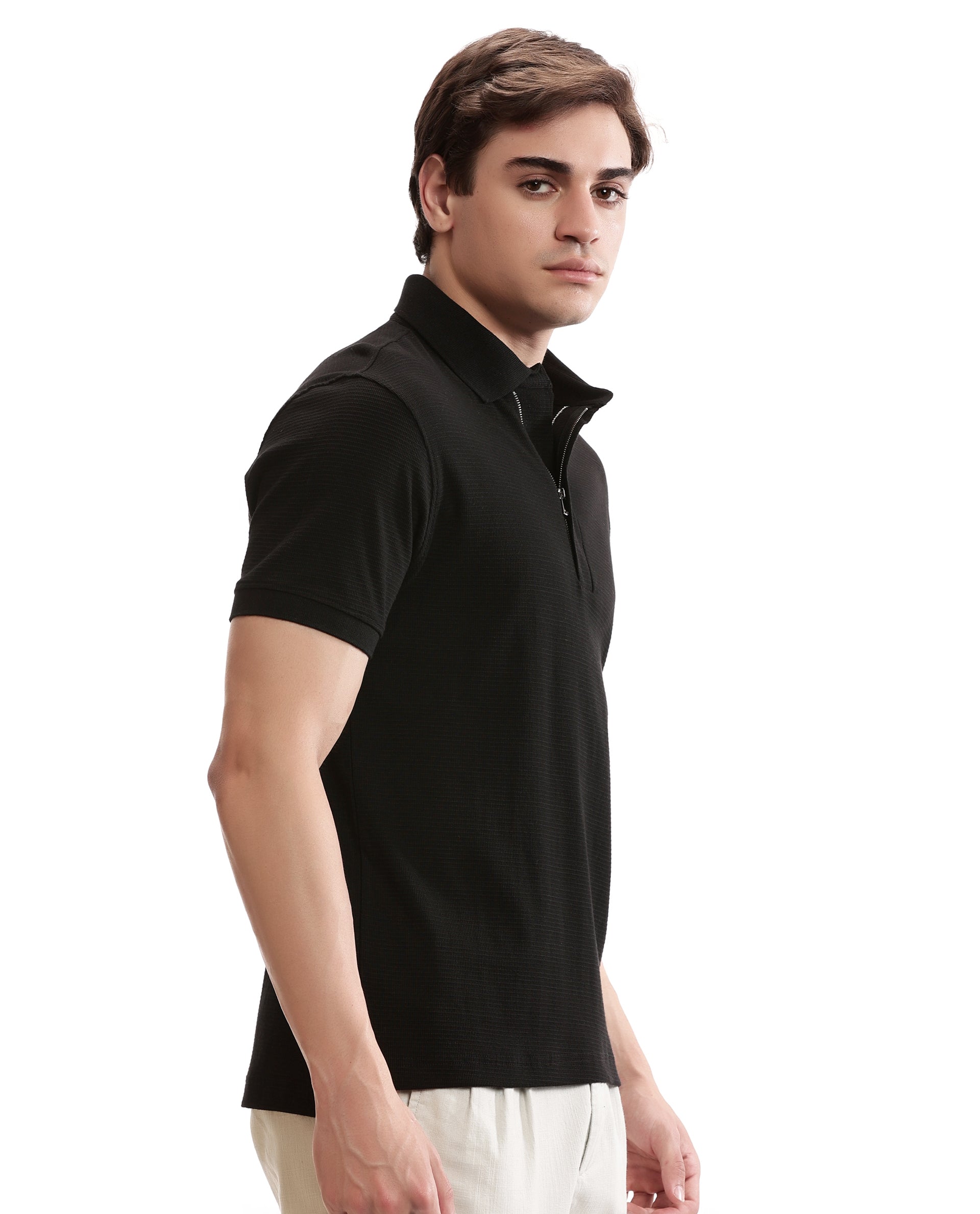 Charcoal Black Knitted Waffle Polo with 7C Metal Zip