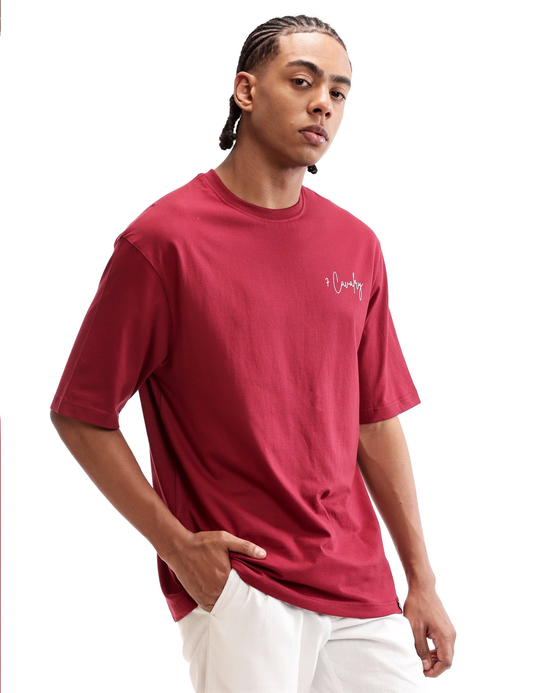 Bordeaux Maroon Single Jersey Crew Neck Oversized T-Shirt with Pure White Non-PVC Print