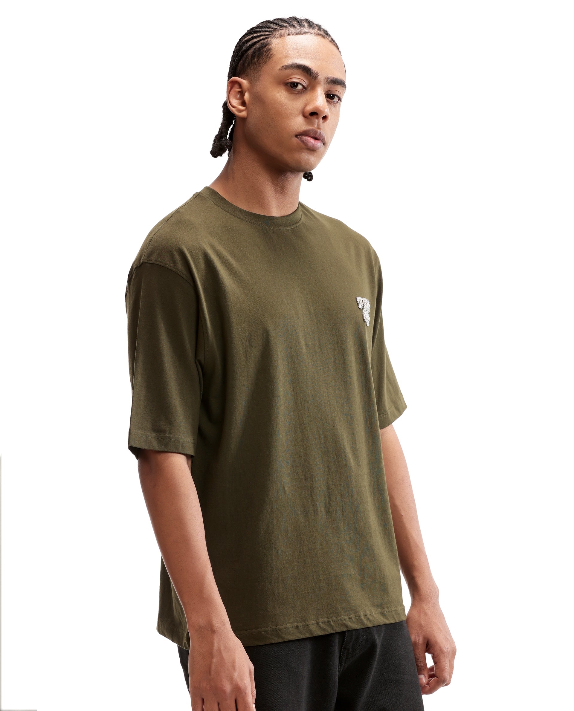 Vintage Olive Single Jersey Crew Neck Oversized T-Shirt with Crystal Finish Rhinestones