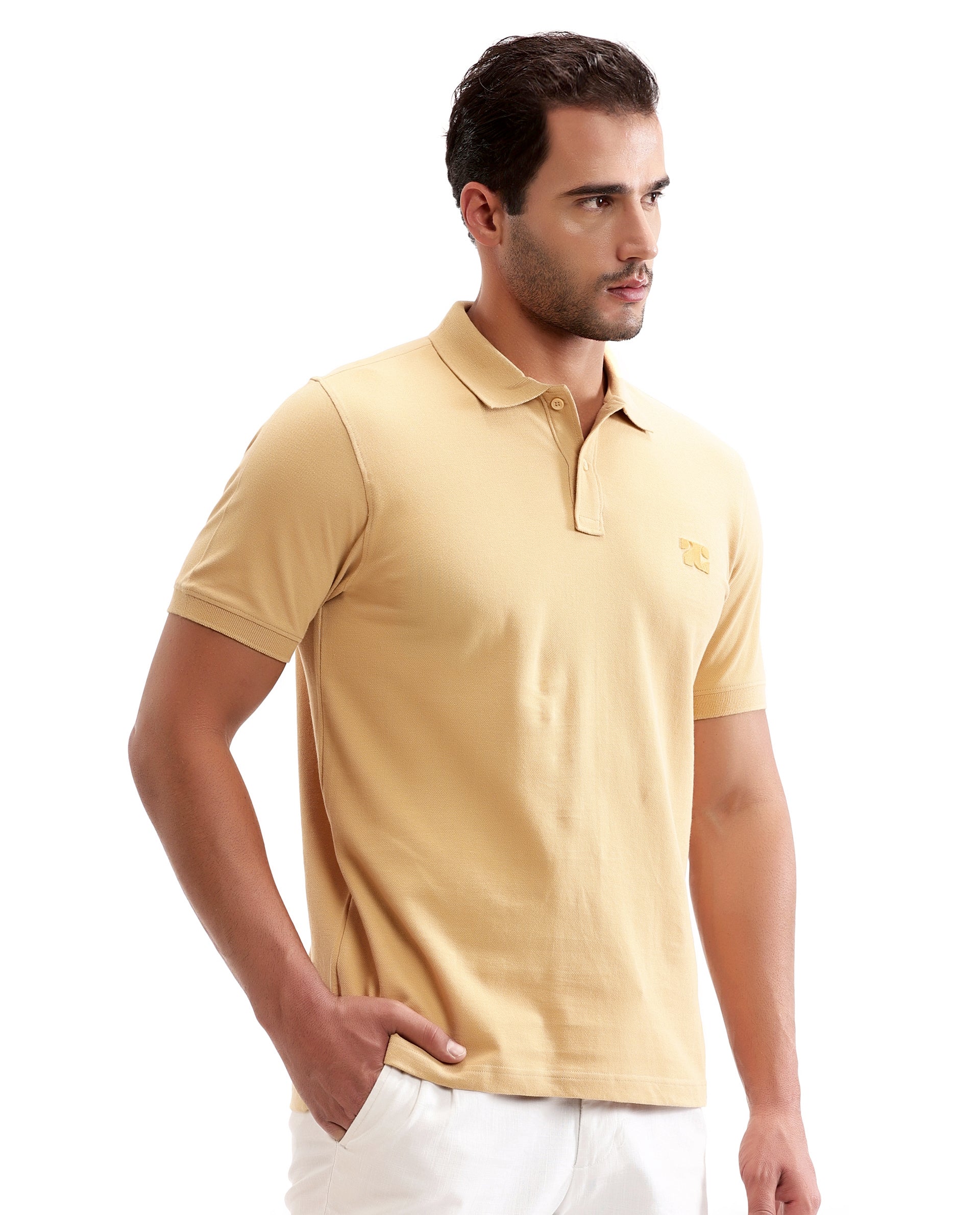 Camel Beige Pique Polo with Tufted Embroidery