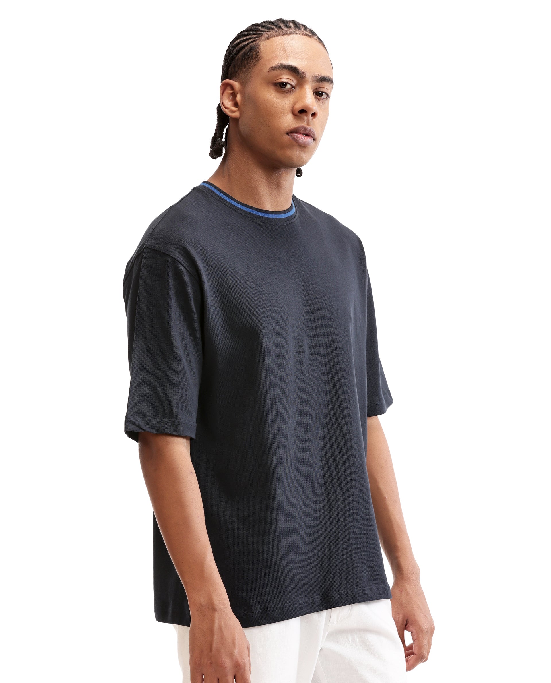 Midnight Navy Blue Pique Crew Neck Oversized T-Shirt with Imperial Prussian Blue