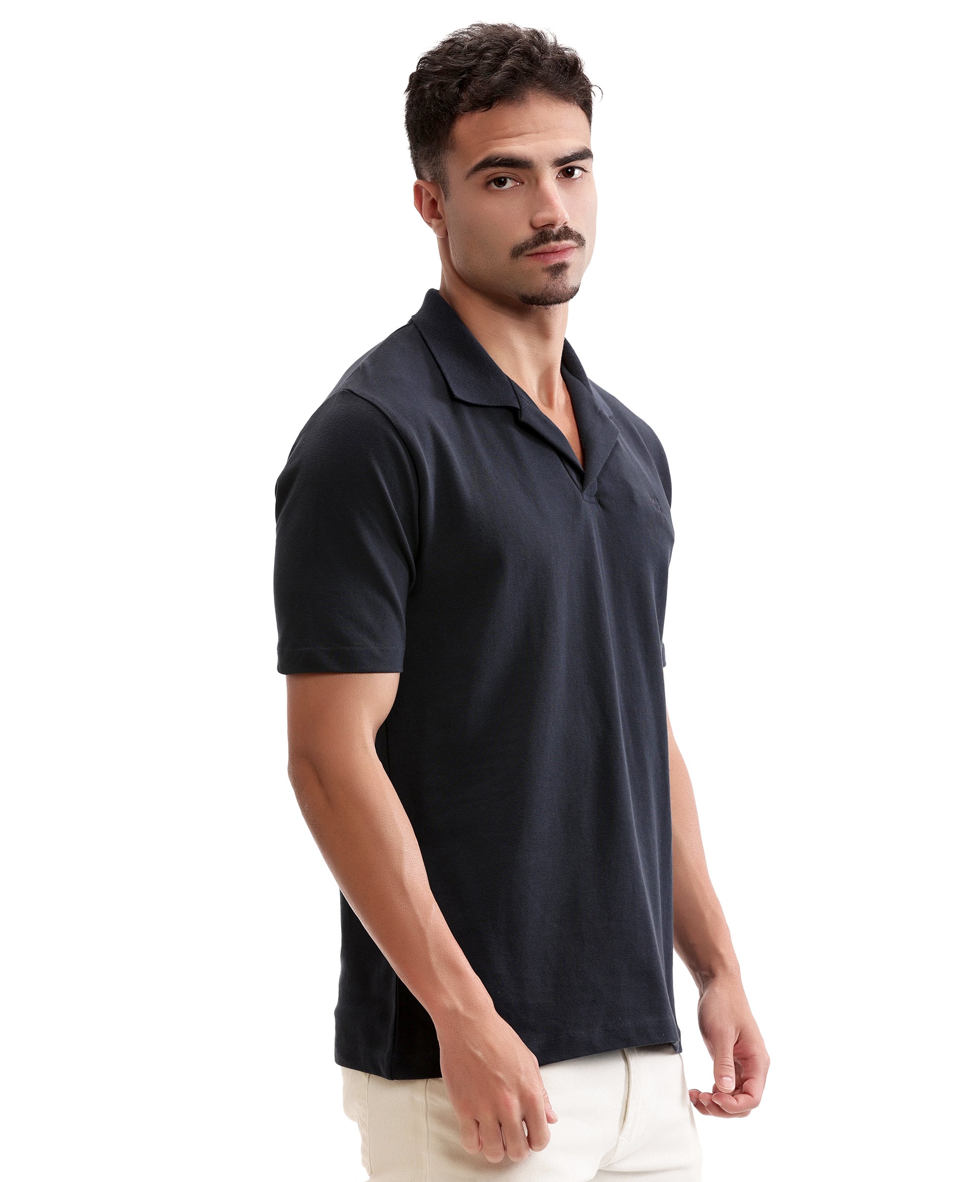 Midnight Navy Blue Johnny Collar Pique Polo with Tone-on-Tone 7C Embroidery