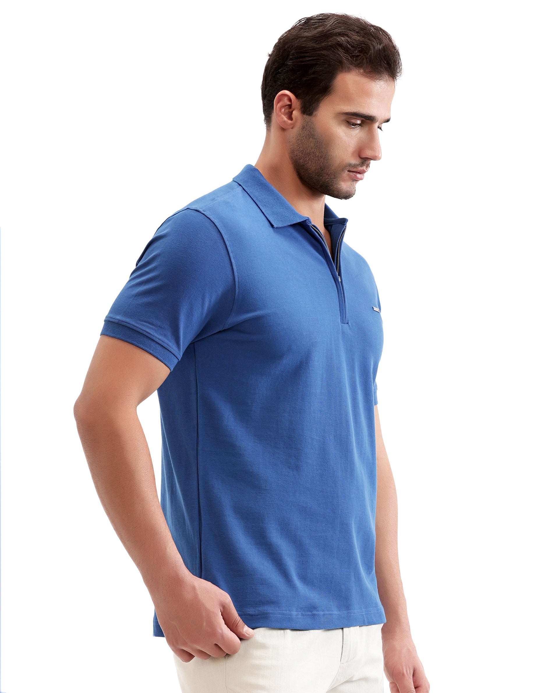 Imperial Prussian Blue Pique Polo with 7C Metal Zip, Metal Badge