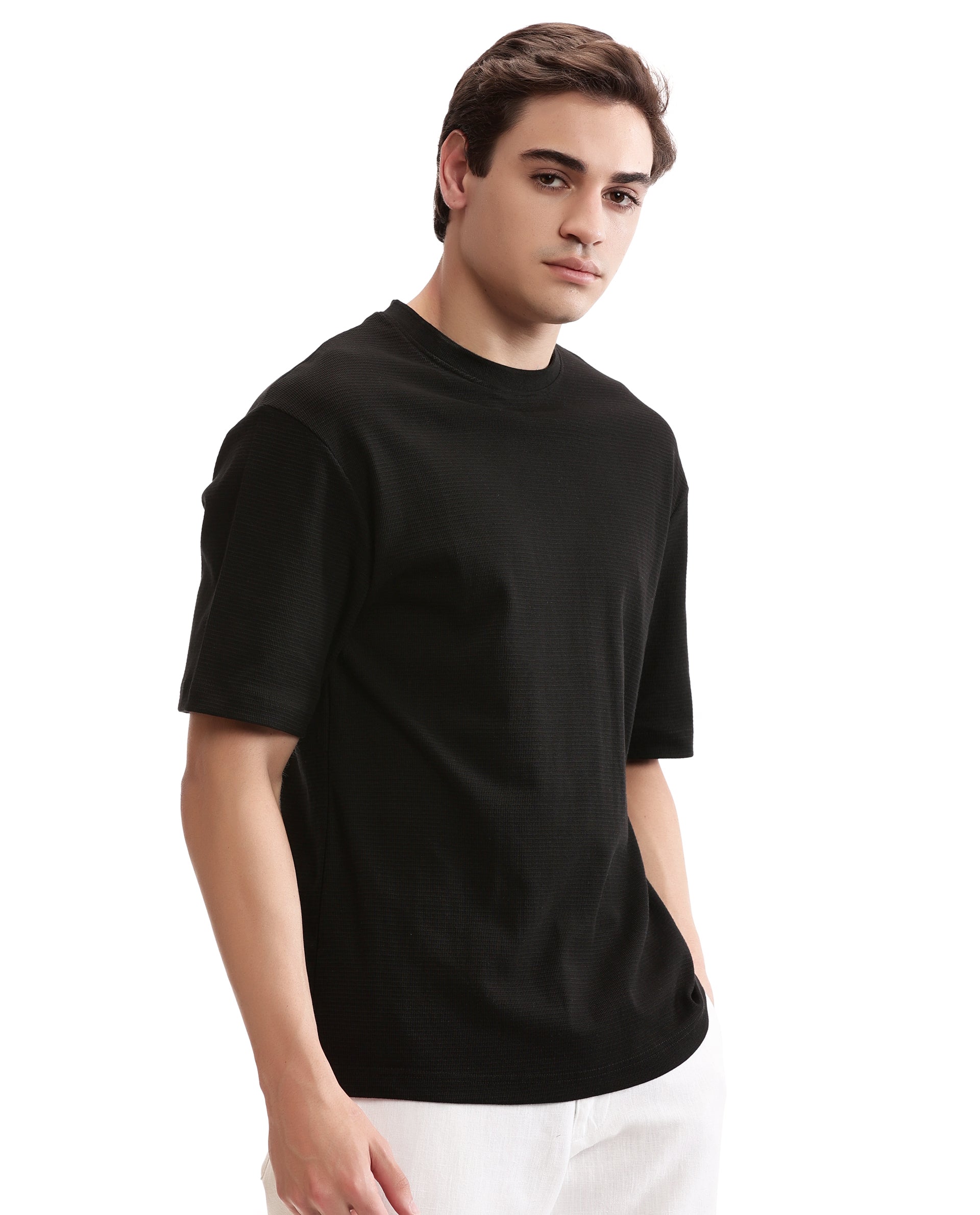 Charcoal Black Knitted Waffle Crew Neck Oversized T-Shirt