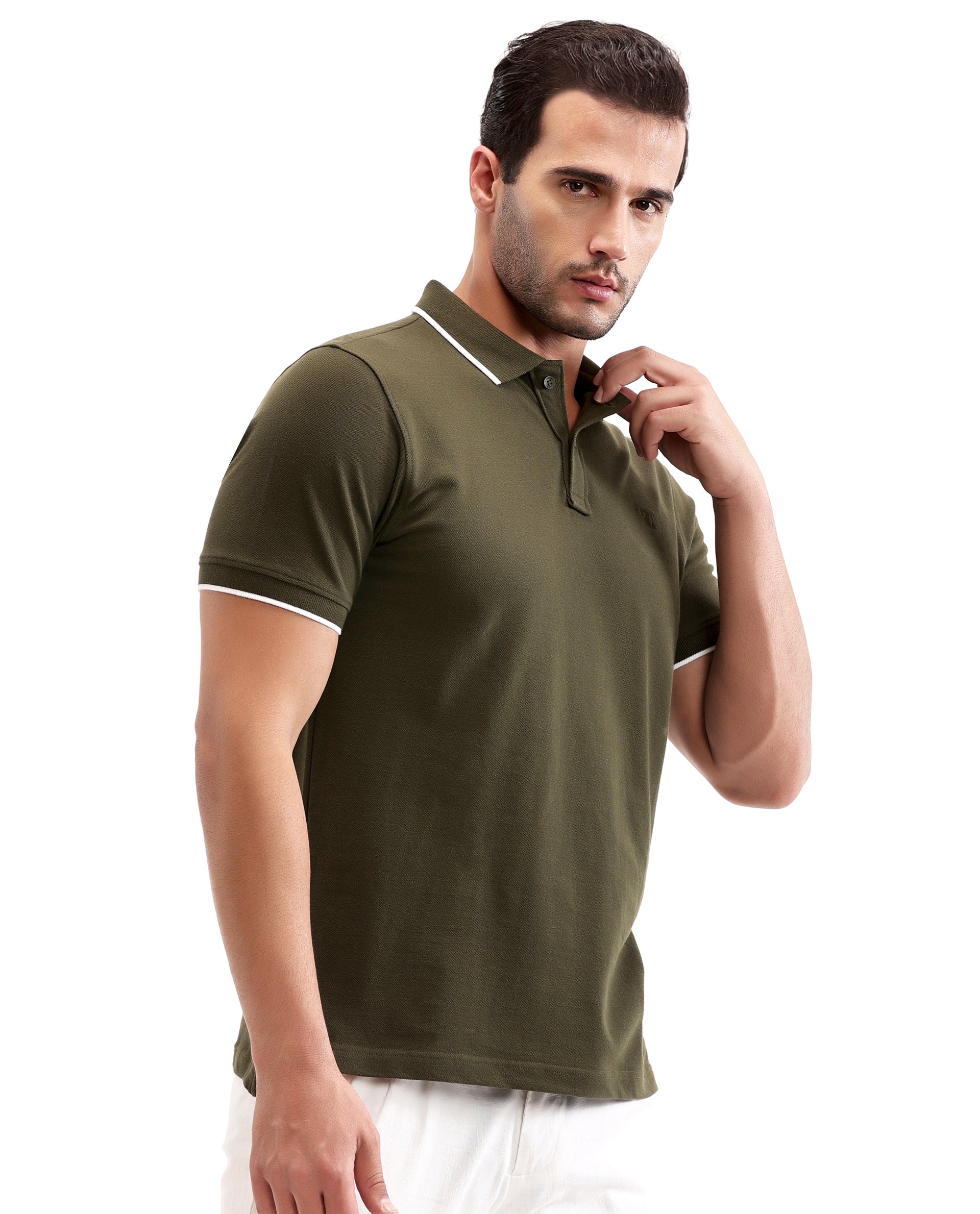 Vintage Olive Pique Polo with White Collar Piping, Tone-on-Tone 7C Embroidery