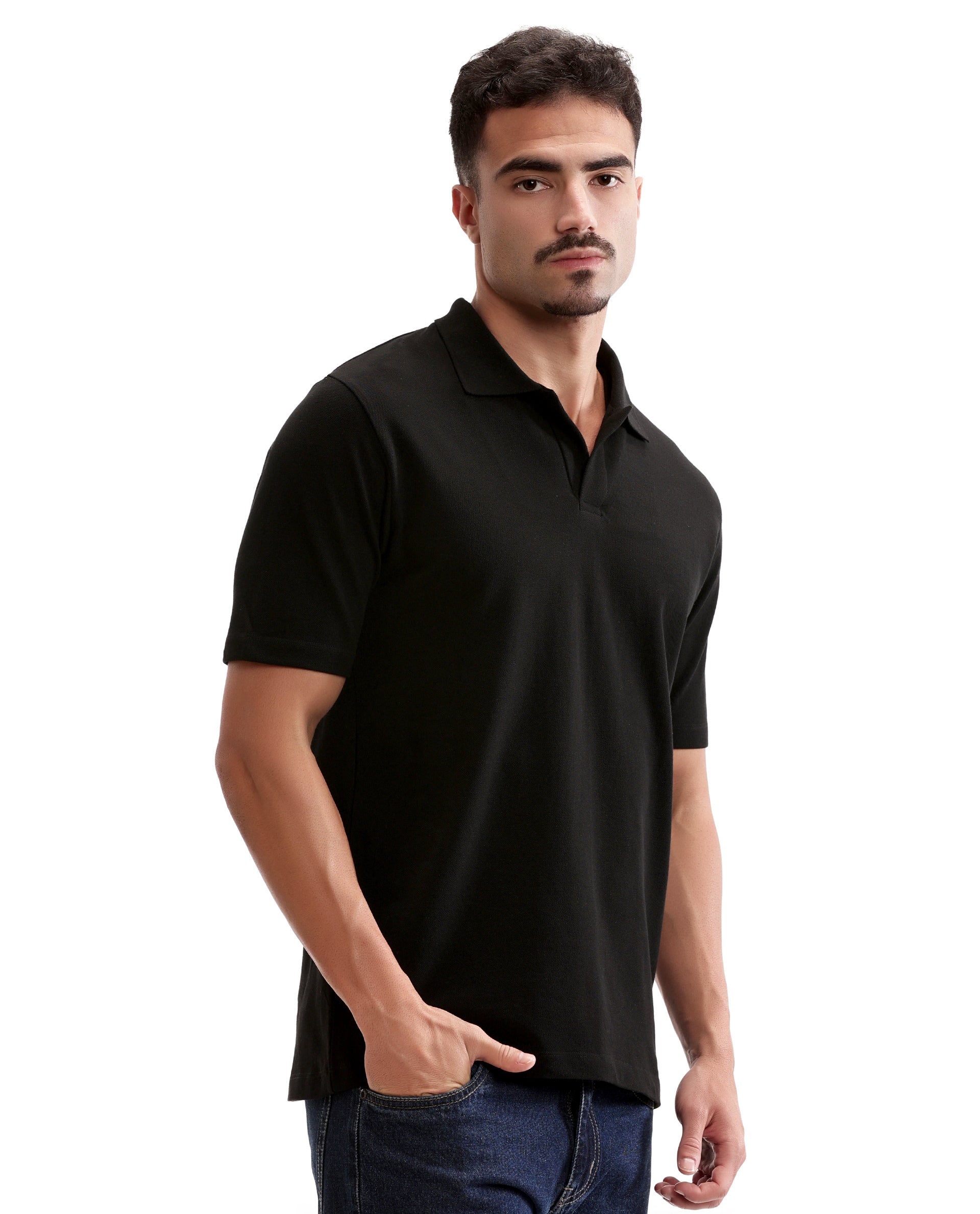 Charcoal Black Pique Johnny Collar Polo