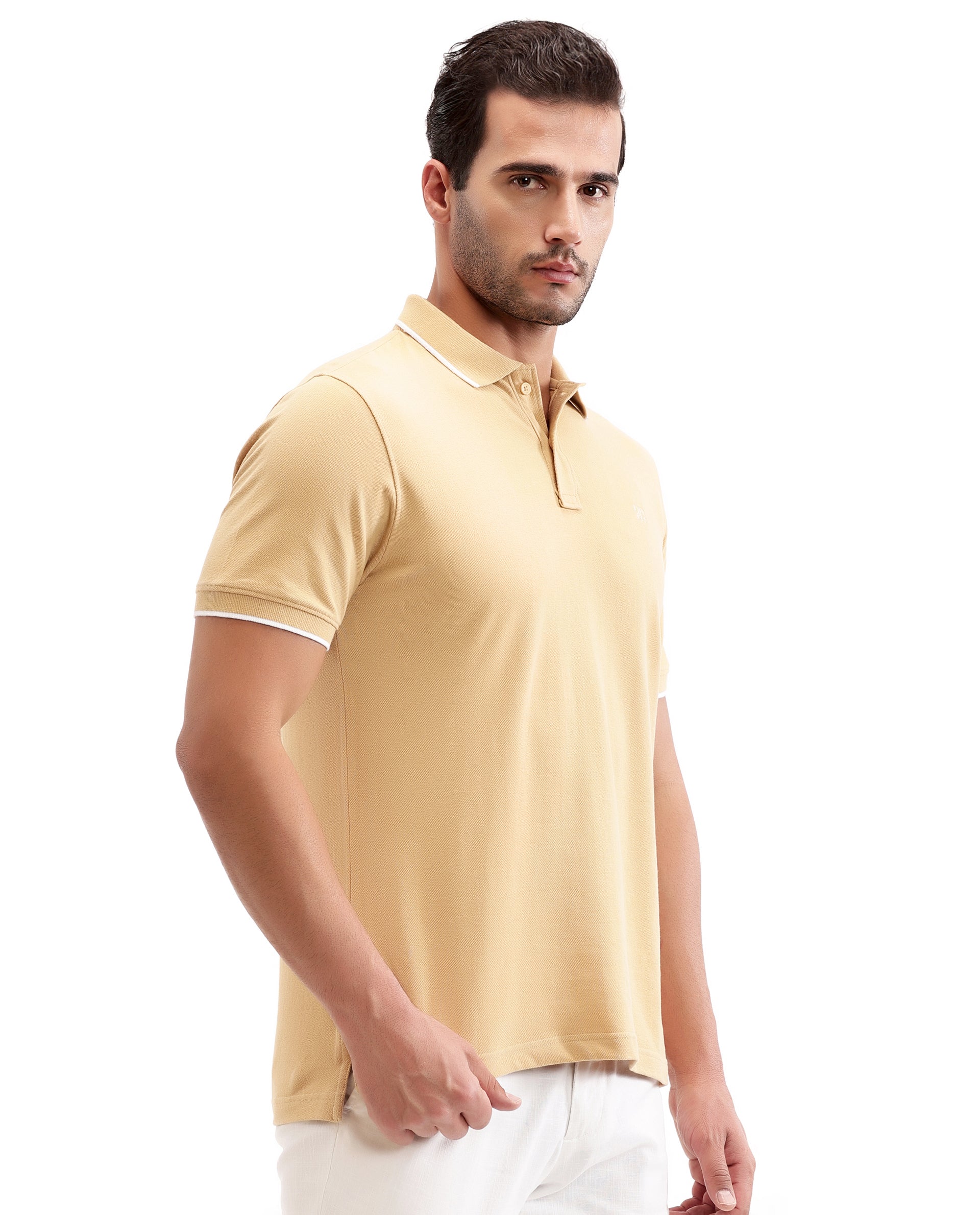 Camel Beige Pique Polo with White Collar Piping, Tone-on-Tone 7C Embroidery