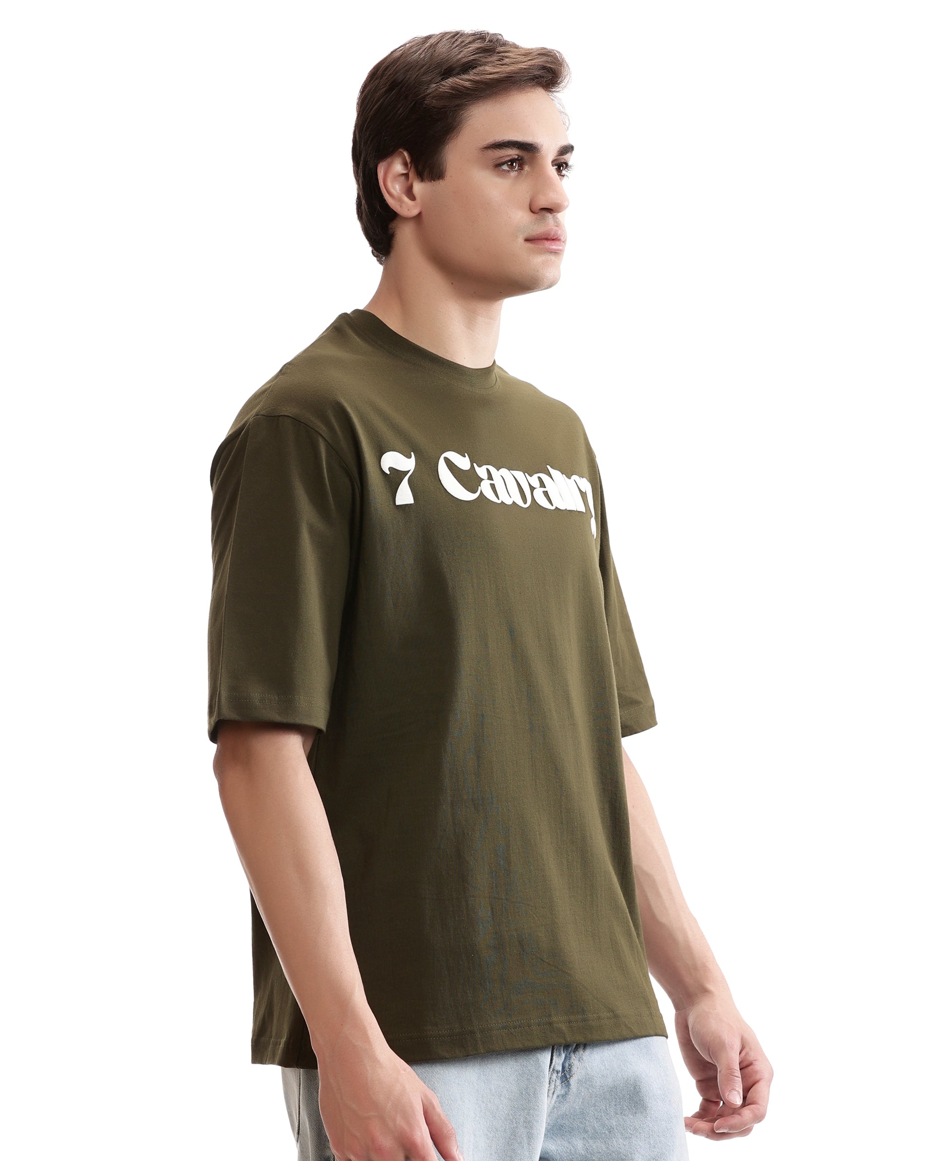 Vintage Olive Single Jersey Crew Neck Oversized T-Shirt with Pure White Puff Print