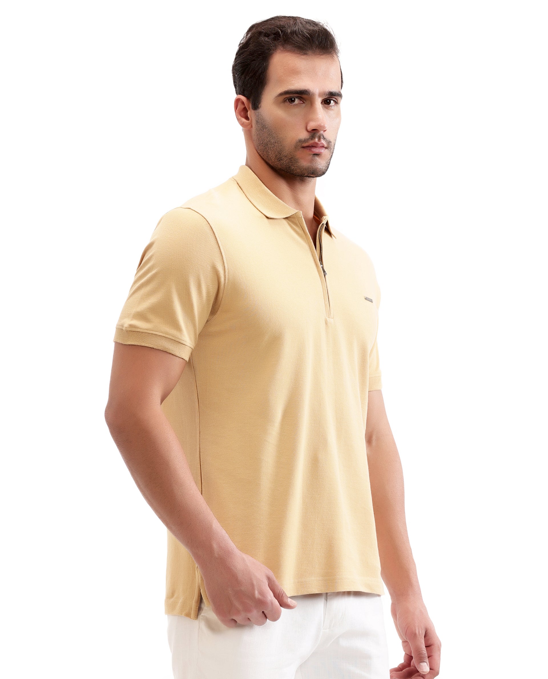 Camel Beige Pique Polo with 7C Metal Zip, Metal Badge
