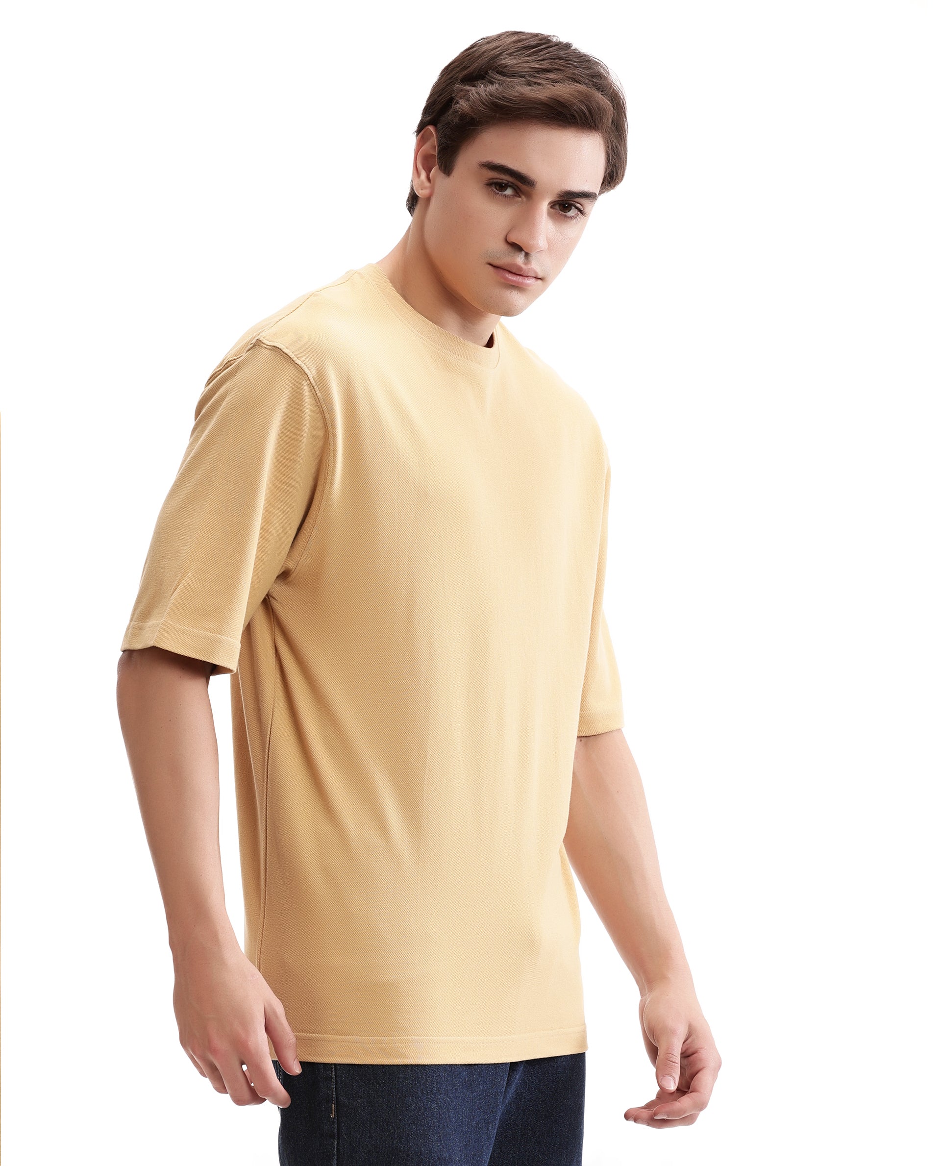 Camel Beige Pique Crew Neck Oversized T-Shirt