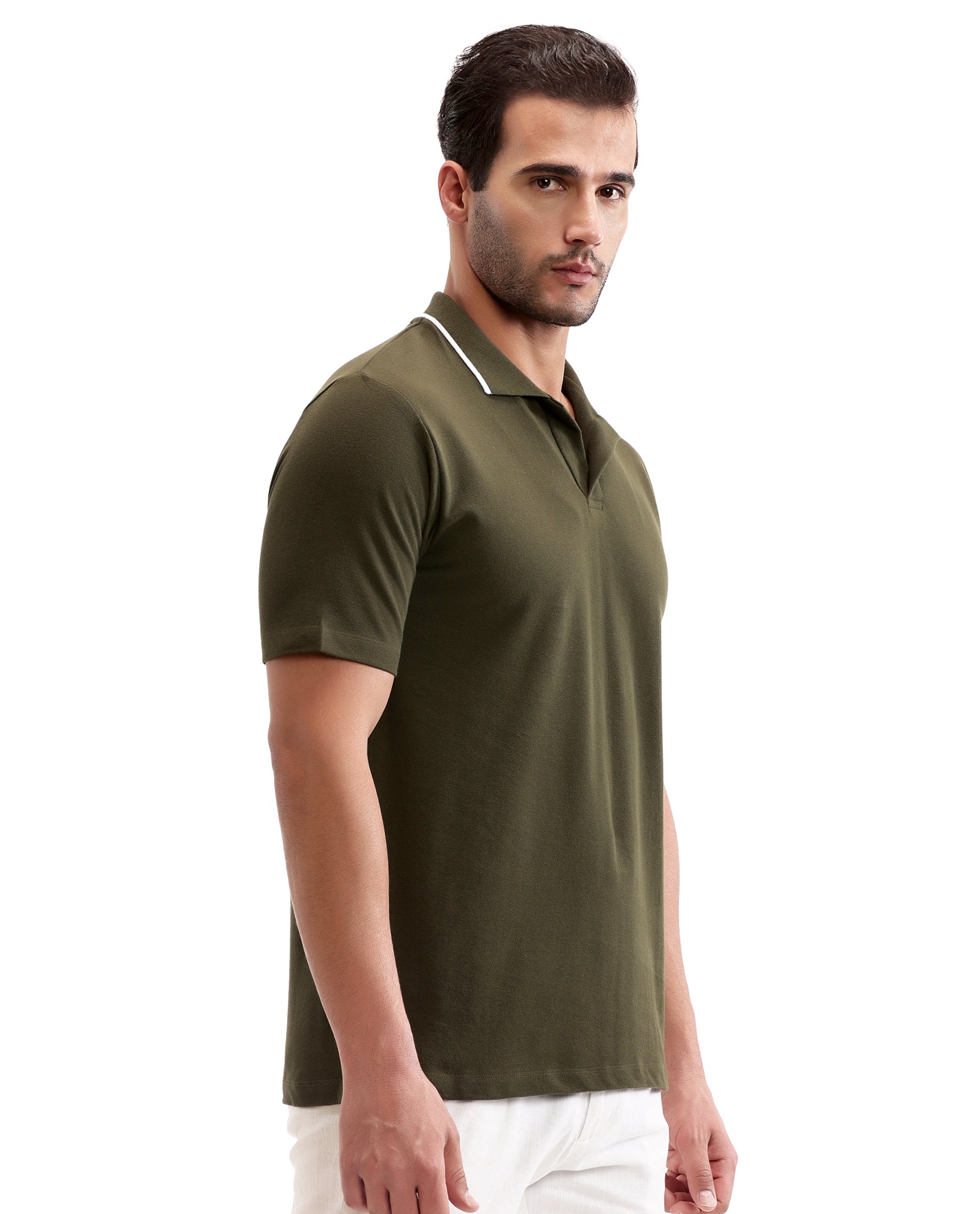 Vintage Olive Johnny Collar Pique Polo with White Collar Piping