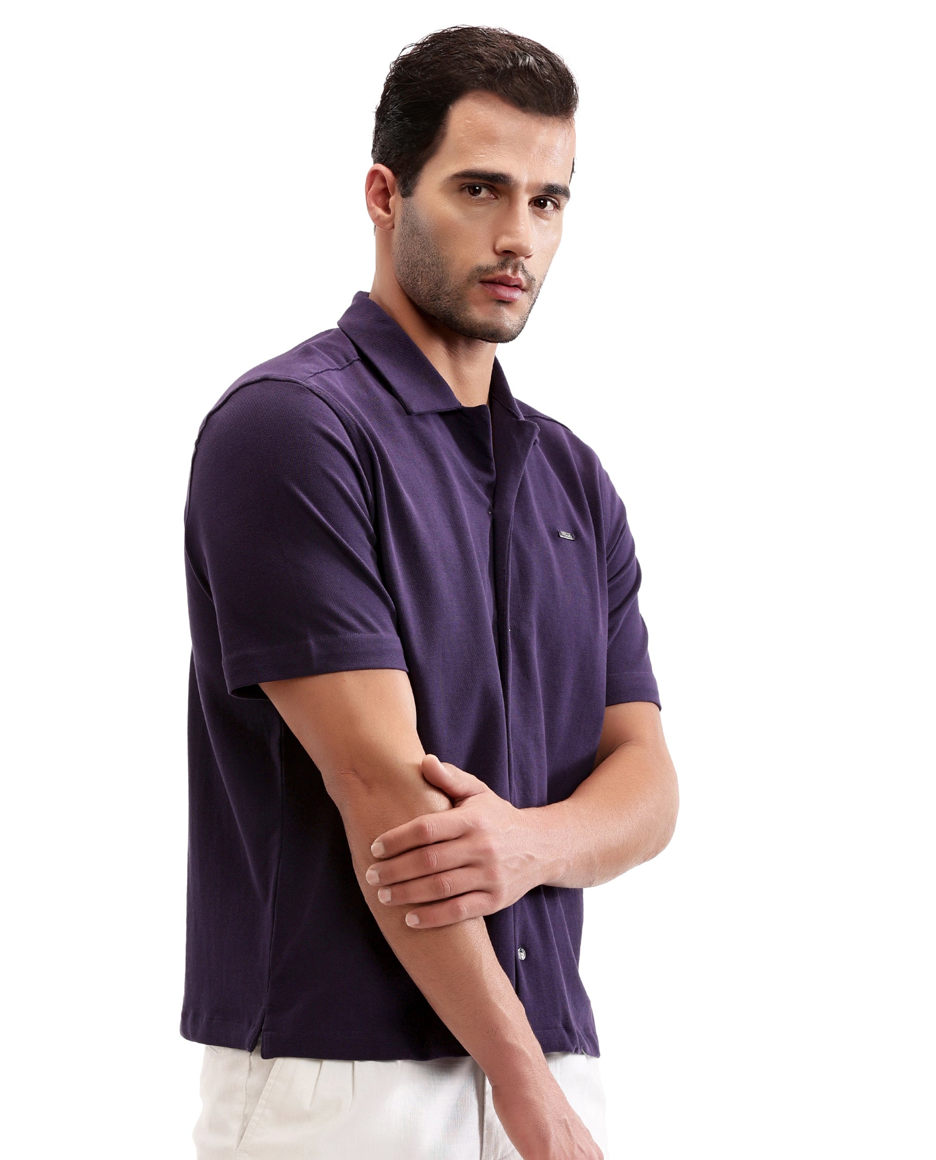 Deep Purple Pique Knit Shirt with 7C Metal Buttons, Gun Metal Badge