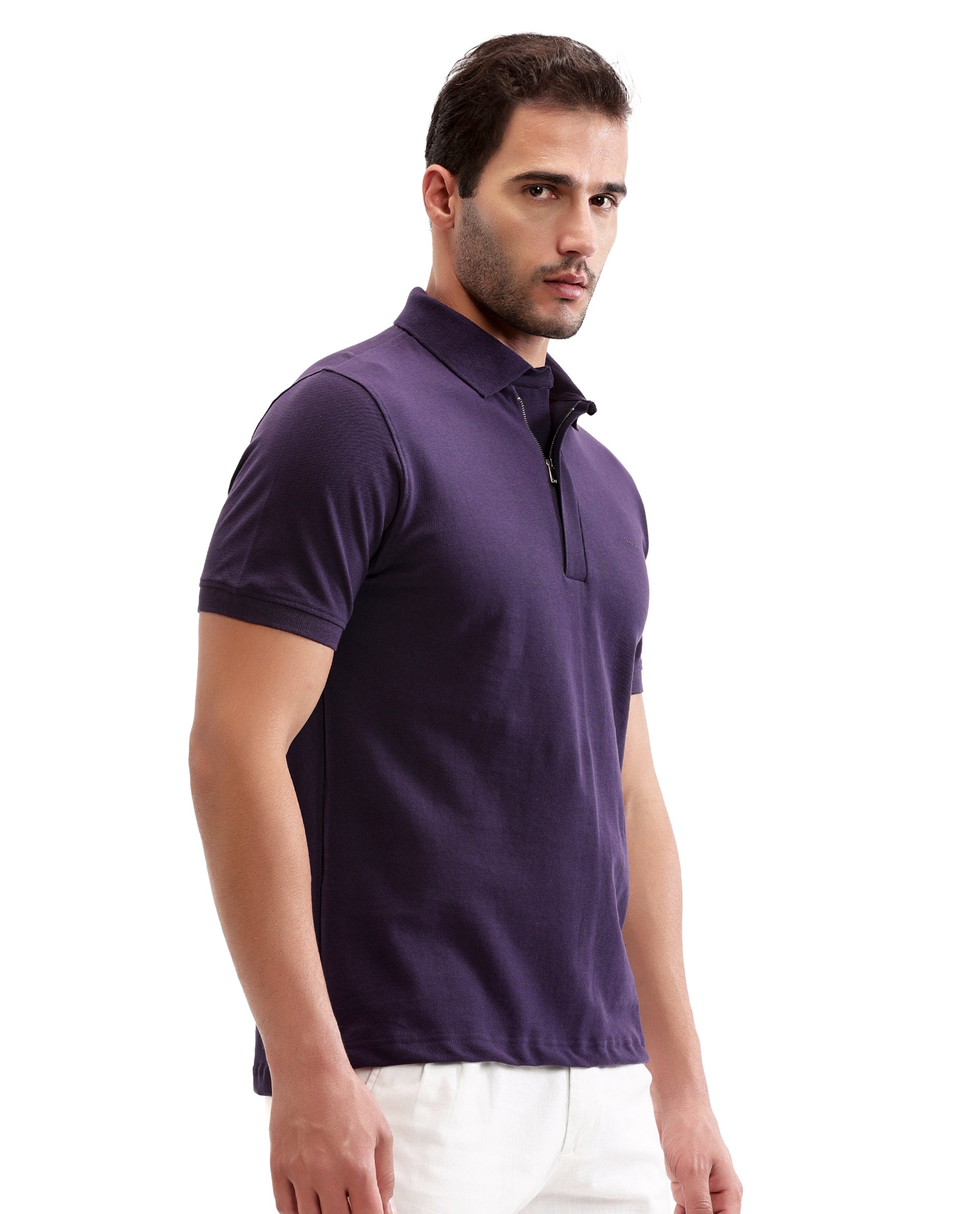 Deep Purple Pique Polo with Concealed 7C Metal Zip, HD Print