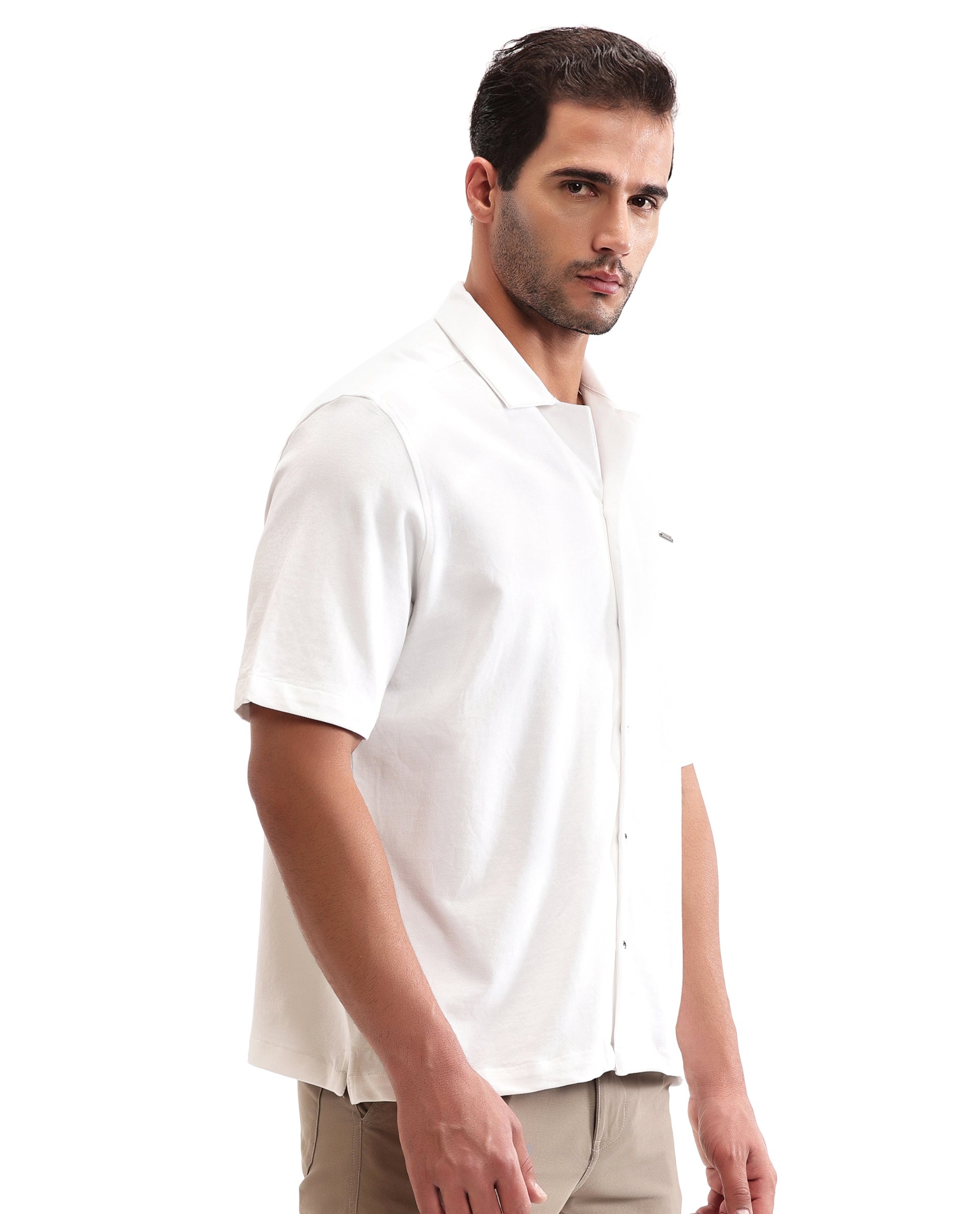 Pure White Pique Knit Shirt with 7C Metal Buttons, Gun Metal Badge