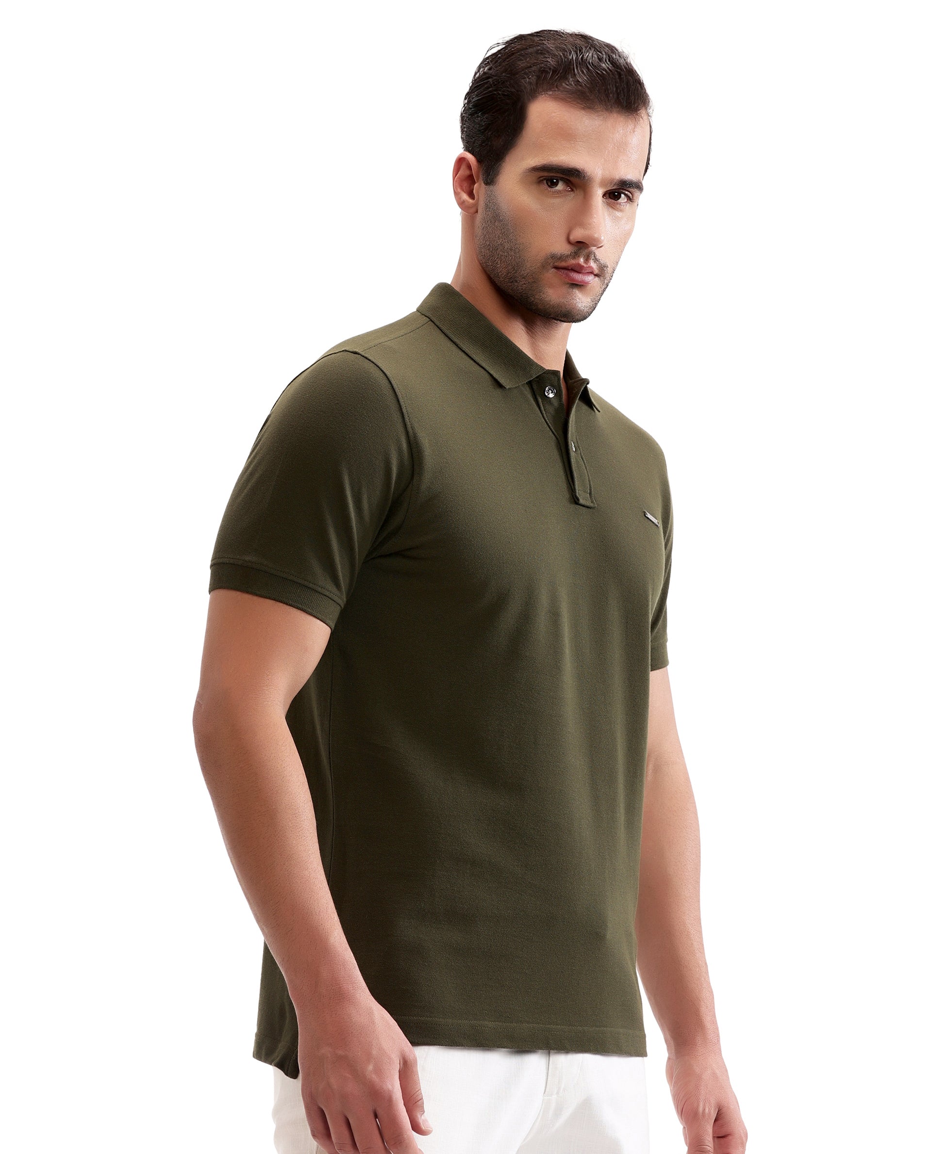Vintage Olive Pique Polo with Metal Buttons, 7C Metal Badge