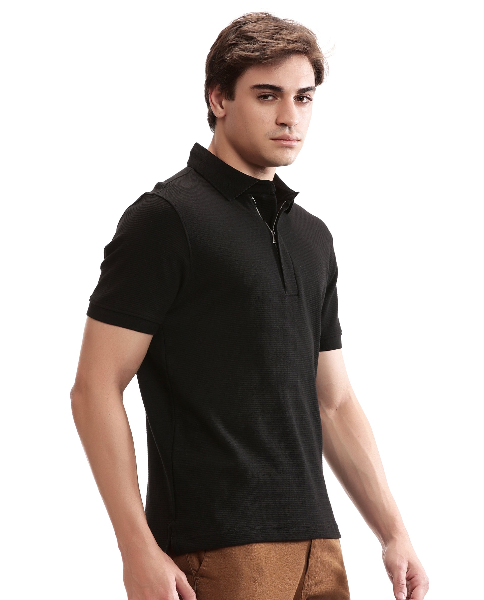 Charcoal Black Knitted Ottoman Polo with 7C Metal Zip