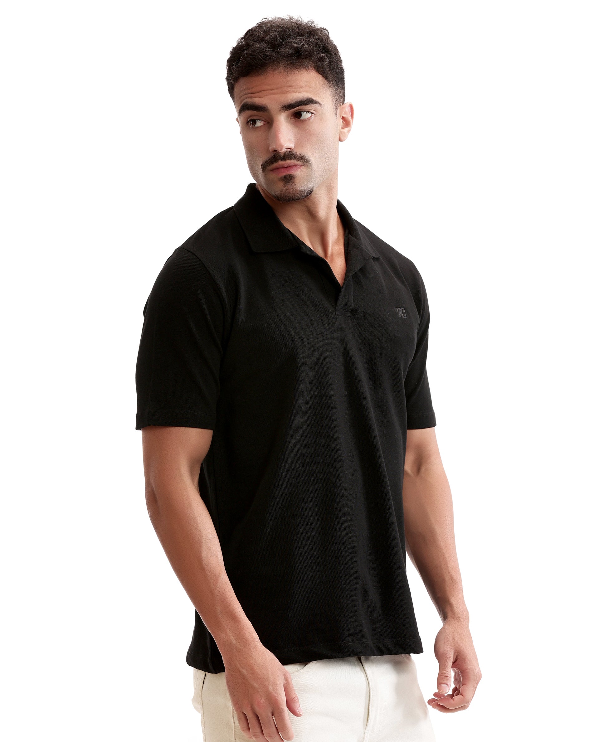 Charcoal Black Johnny Collar Pique Polo with Tone-on-Tone 7C Embroidery