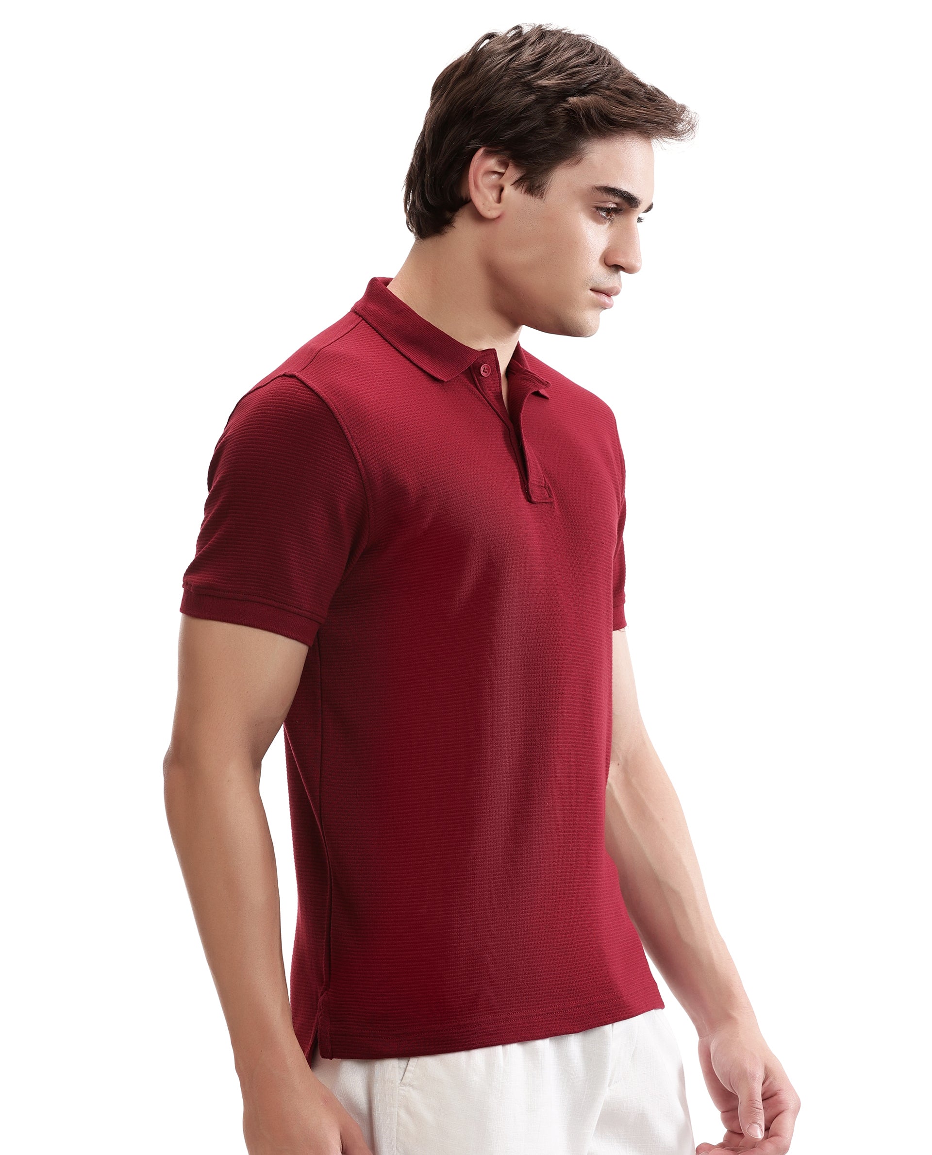 Bordeaux Maroon Knitted Ottoman Polo with Ribbed Collar