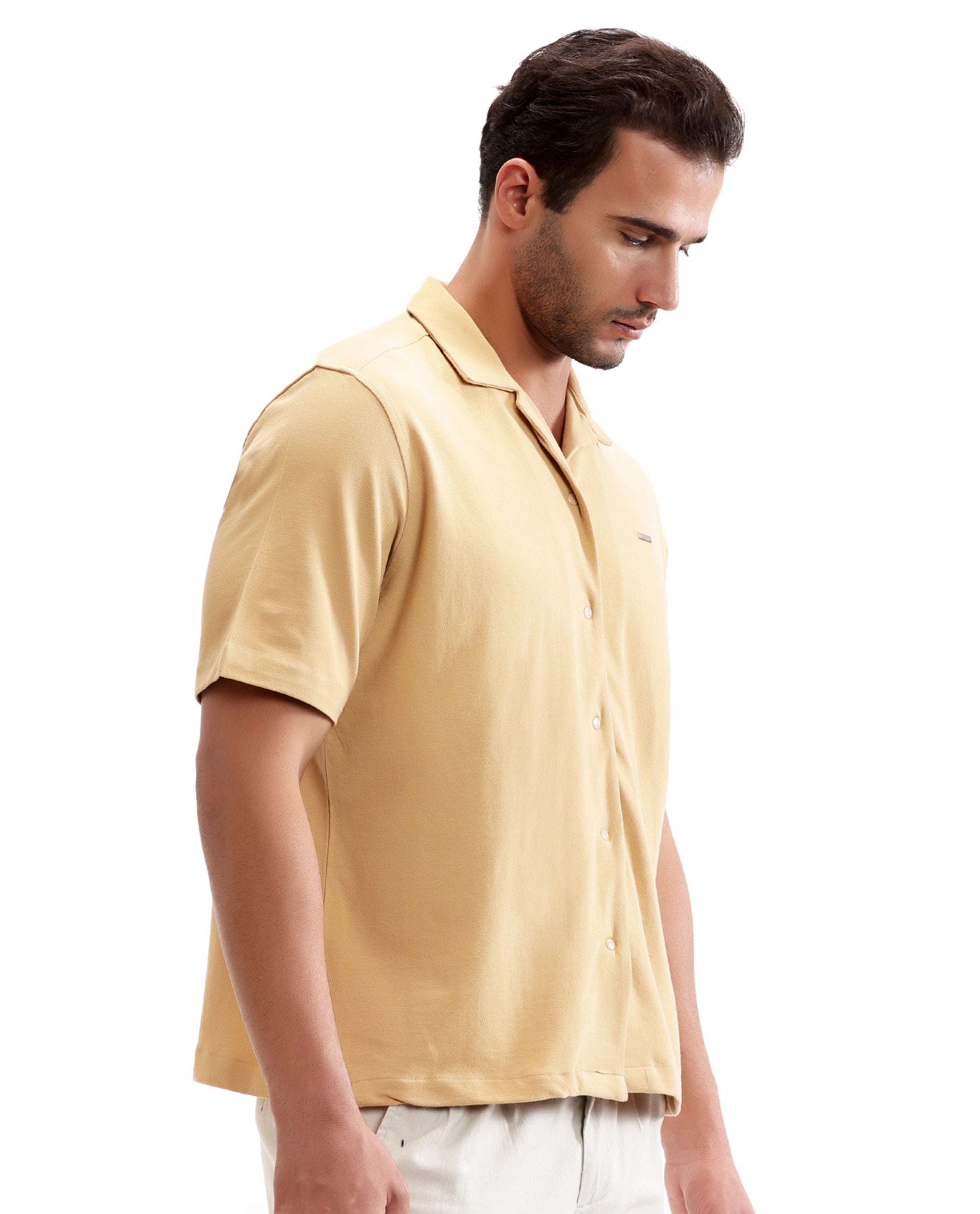 Camel Beige Pique Knit Shirt with 7C Engraved Snap Buttons, Gun Metal Badge