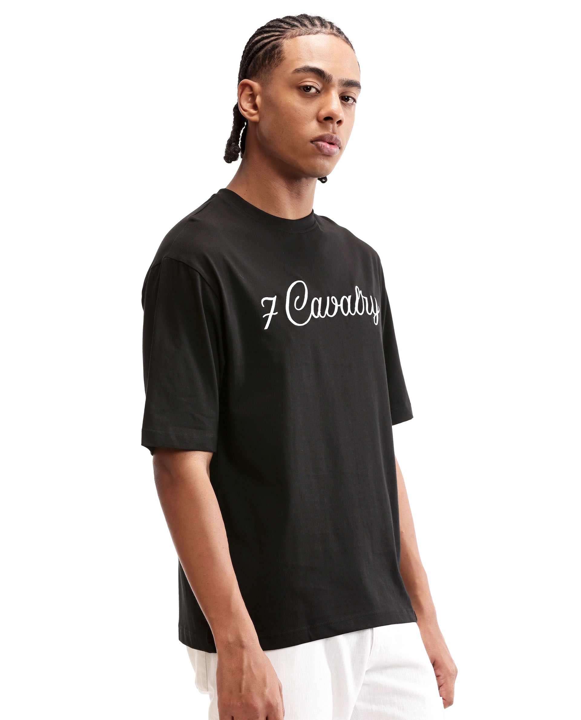 Charcoal Black Single Jersey Crew Neck Oversized T-Shirt with Pure White Embroidery