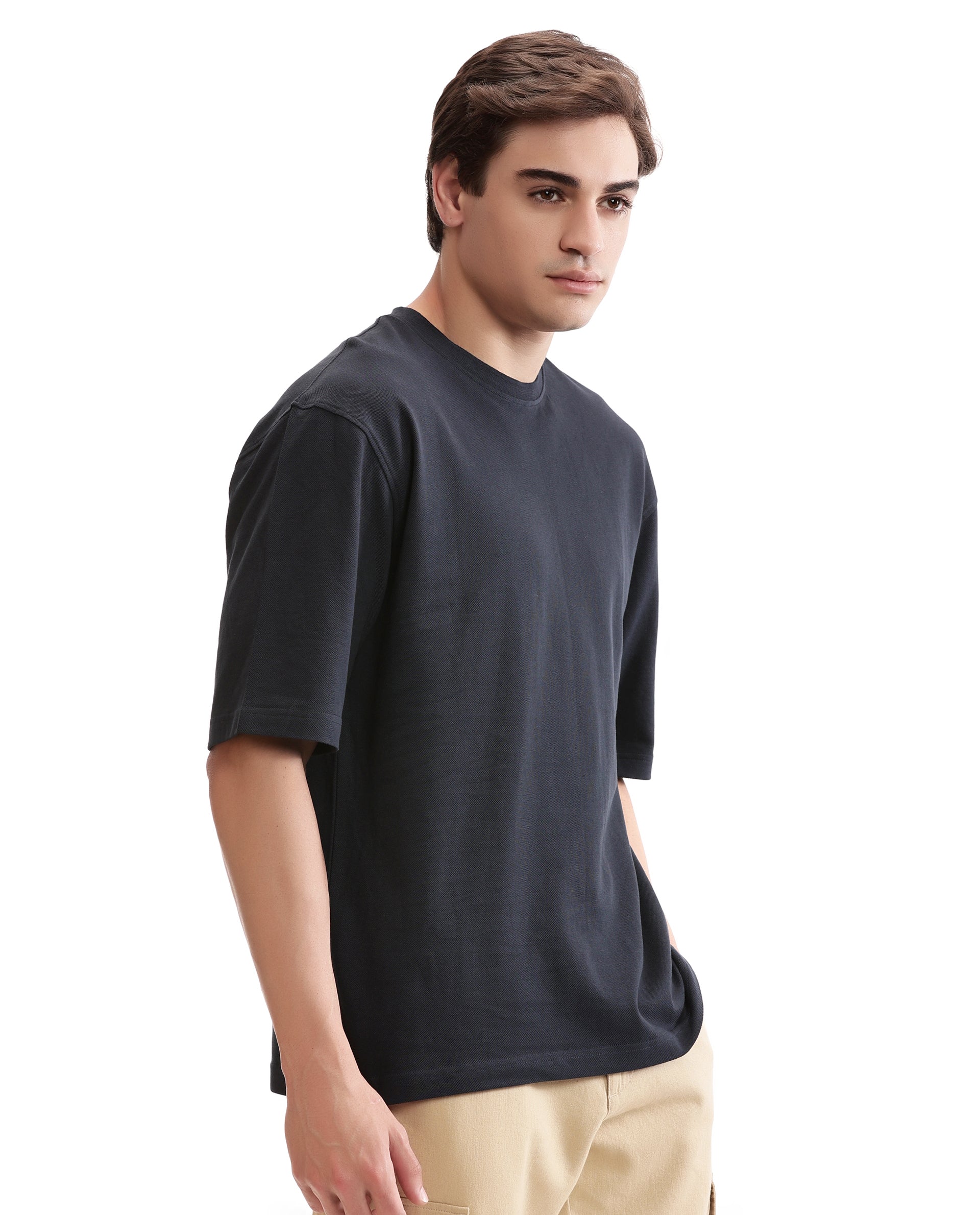 Midnight Navy Blue Pique Crew Neck Oversized T-Shirt