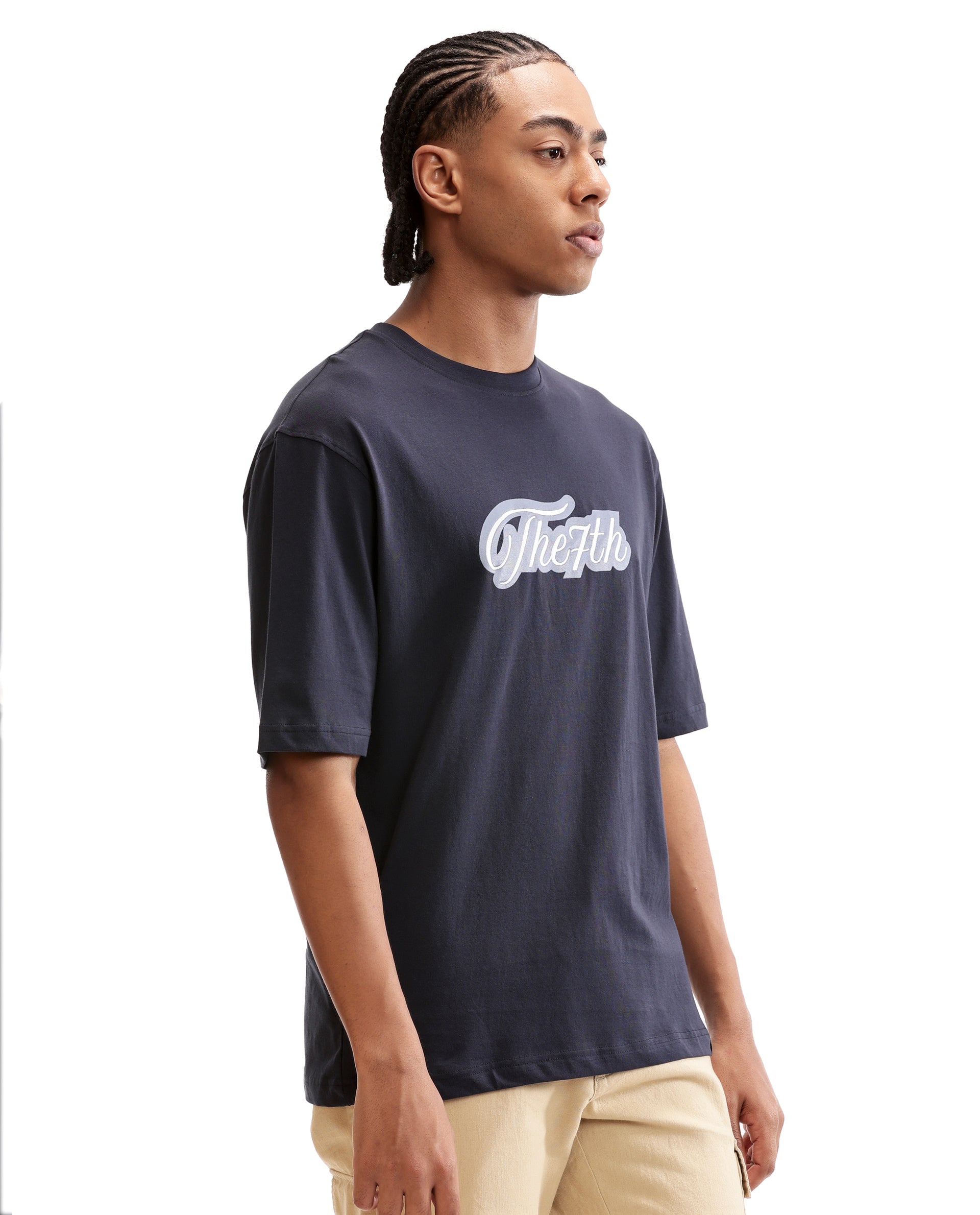 Midnight Navy Blue Single Jersey Crew Neck Oversized T-Shirt with Light Blue Print & Pure White 7C Embroidery