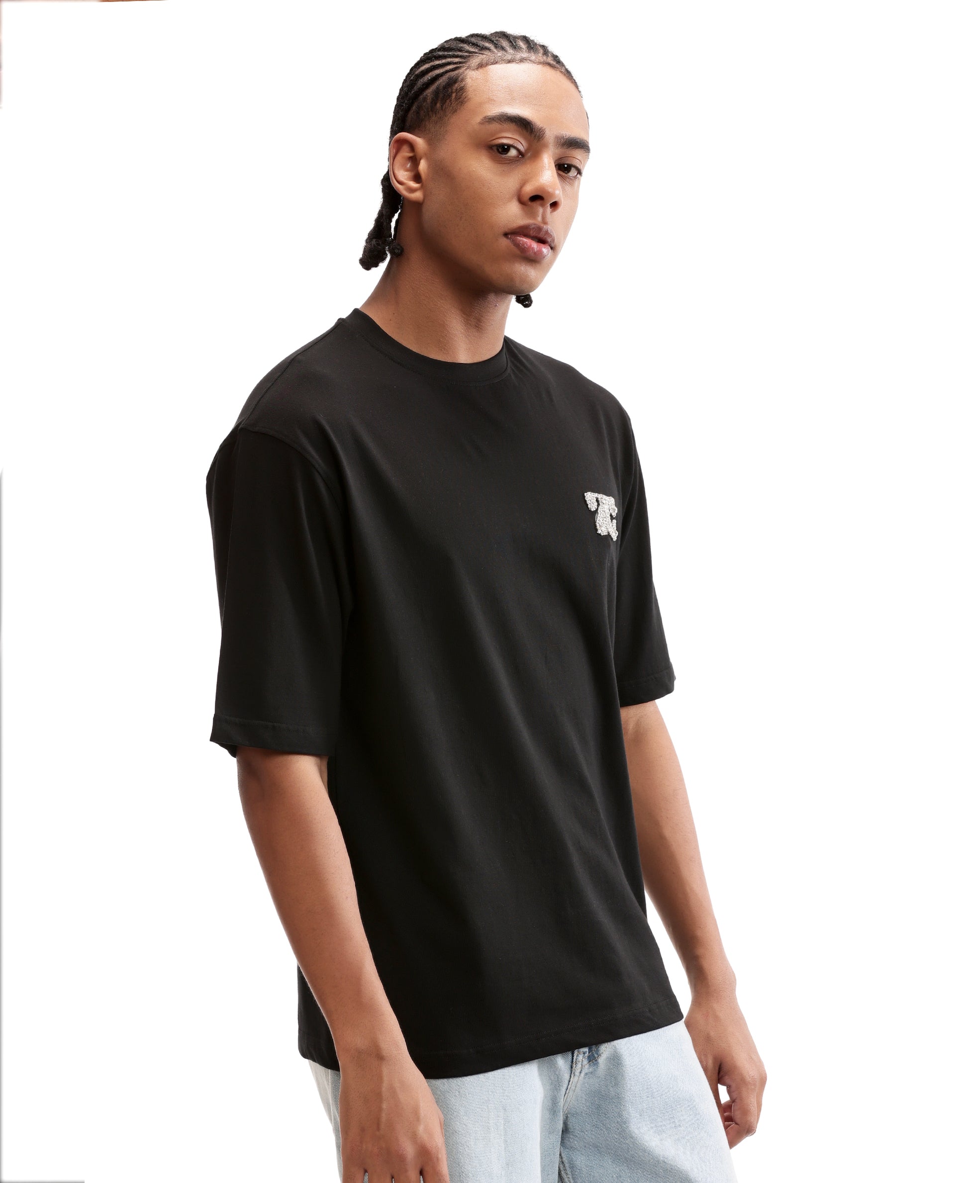 Charcoal Black Single Jersey Crew Neck Oversized T-Shirt with Crystal Finish Rhinestones