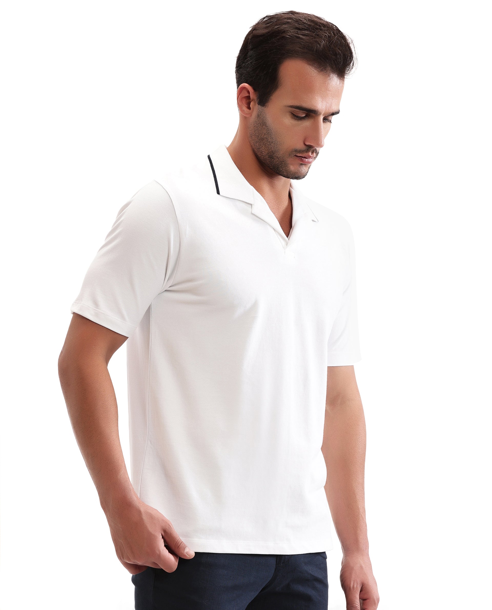 Pure White Johnny Collar Pique Polo with Midnight Navy Blue Collar Piping