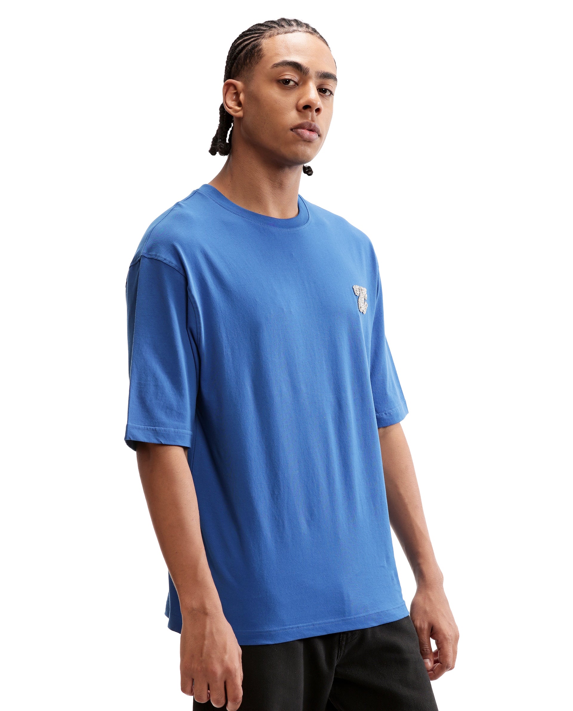Imperial Prussian Blue Single Jersey Neck Oversized T-Shirt with Crystal Finish Rhinestones