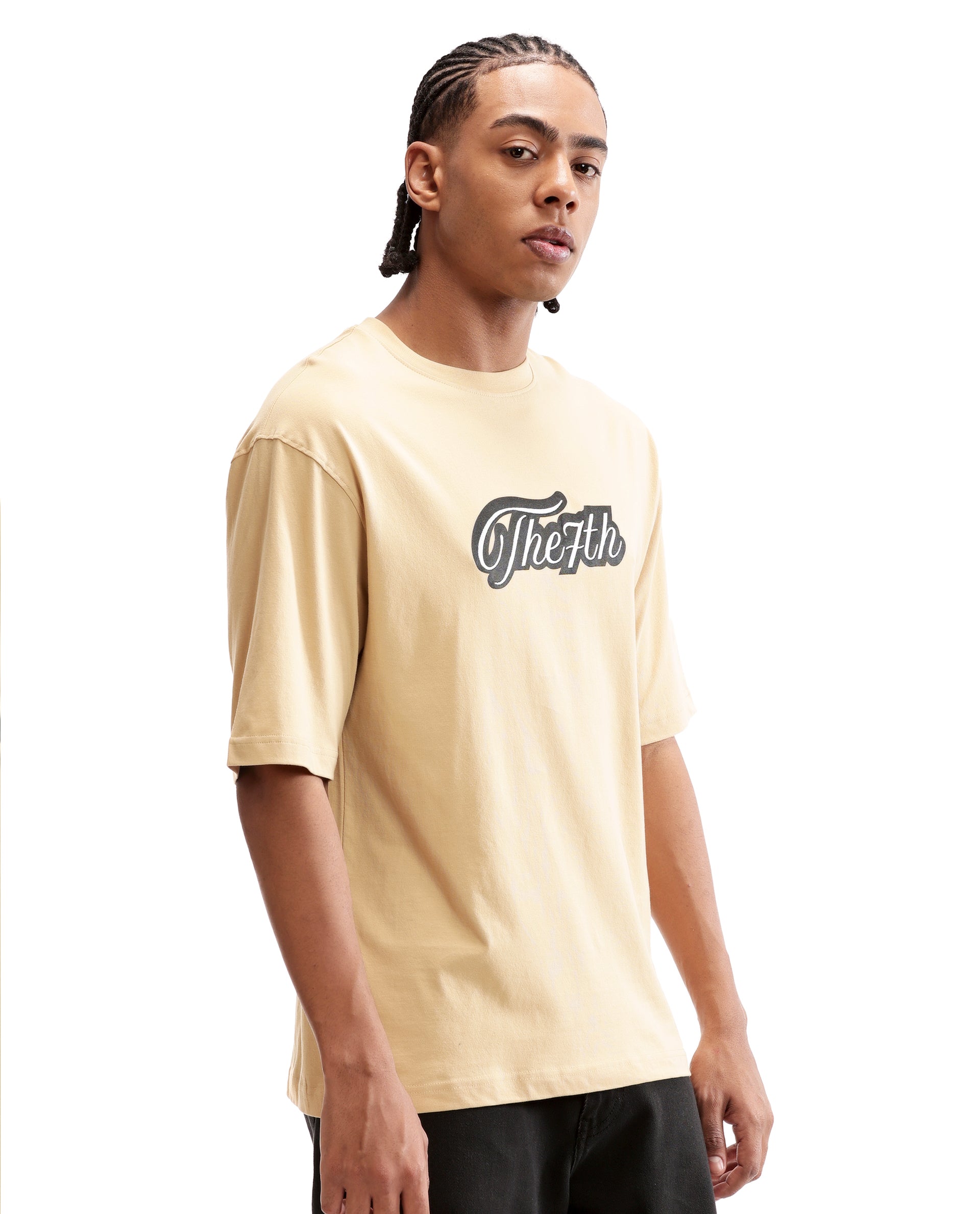 Camel Beige Single Jersey Crew Neck Oversized T-Shirt with Black Print & Pure White 7C Embroidery