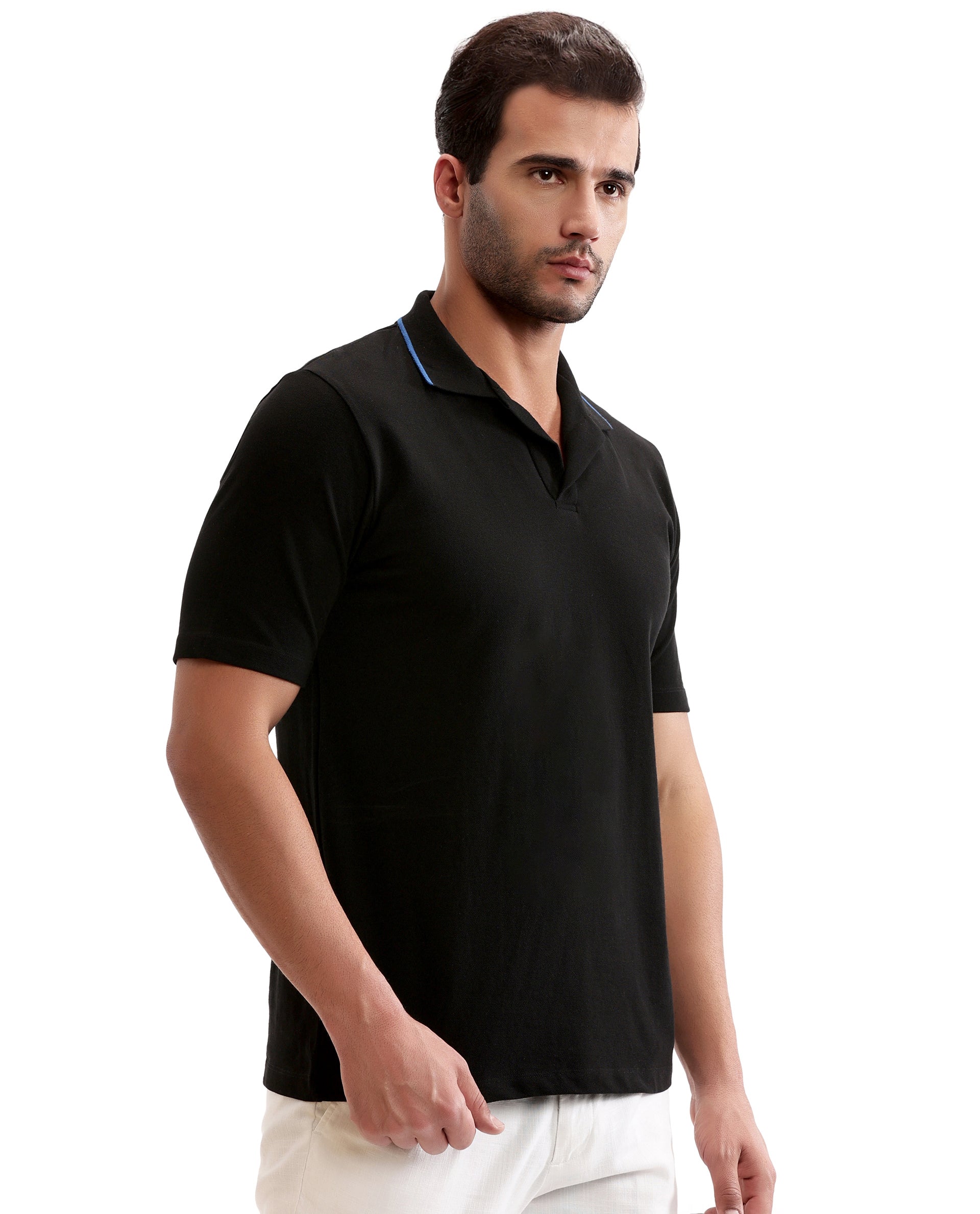 Charcoal Black Johnny Collar Pique Polo with Prussian Blue Collar Piping