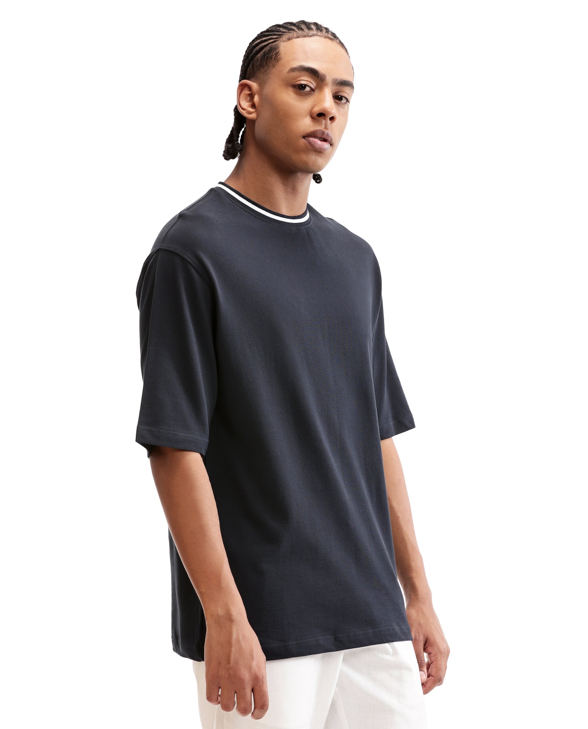Midnight Navy Blue Pique Crew Neck Oversized T-Shirt with Pure White Piping