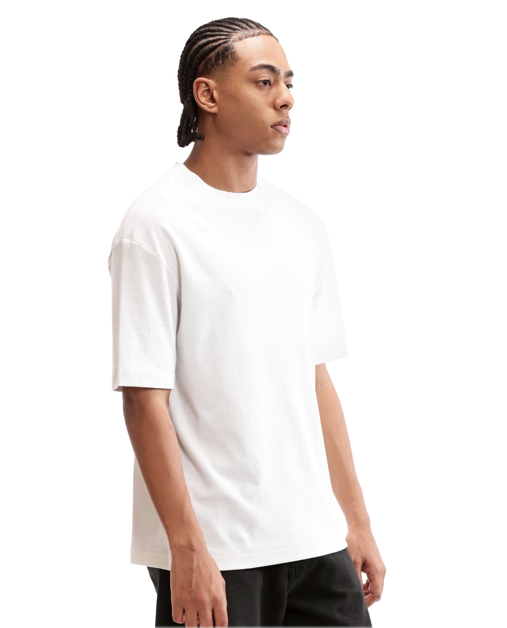 Pure White Knitted Waffle Crew Neck Oversized T-Shirt