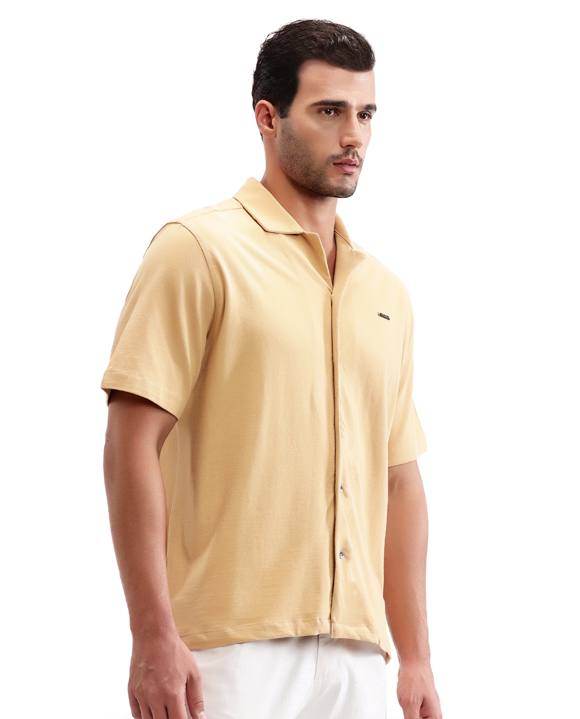 Camel Beige Pique Knit Shirt with 7C Metal Buttons, Gun Metal Badge