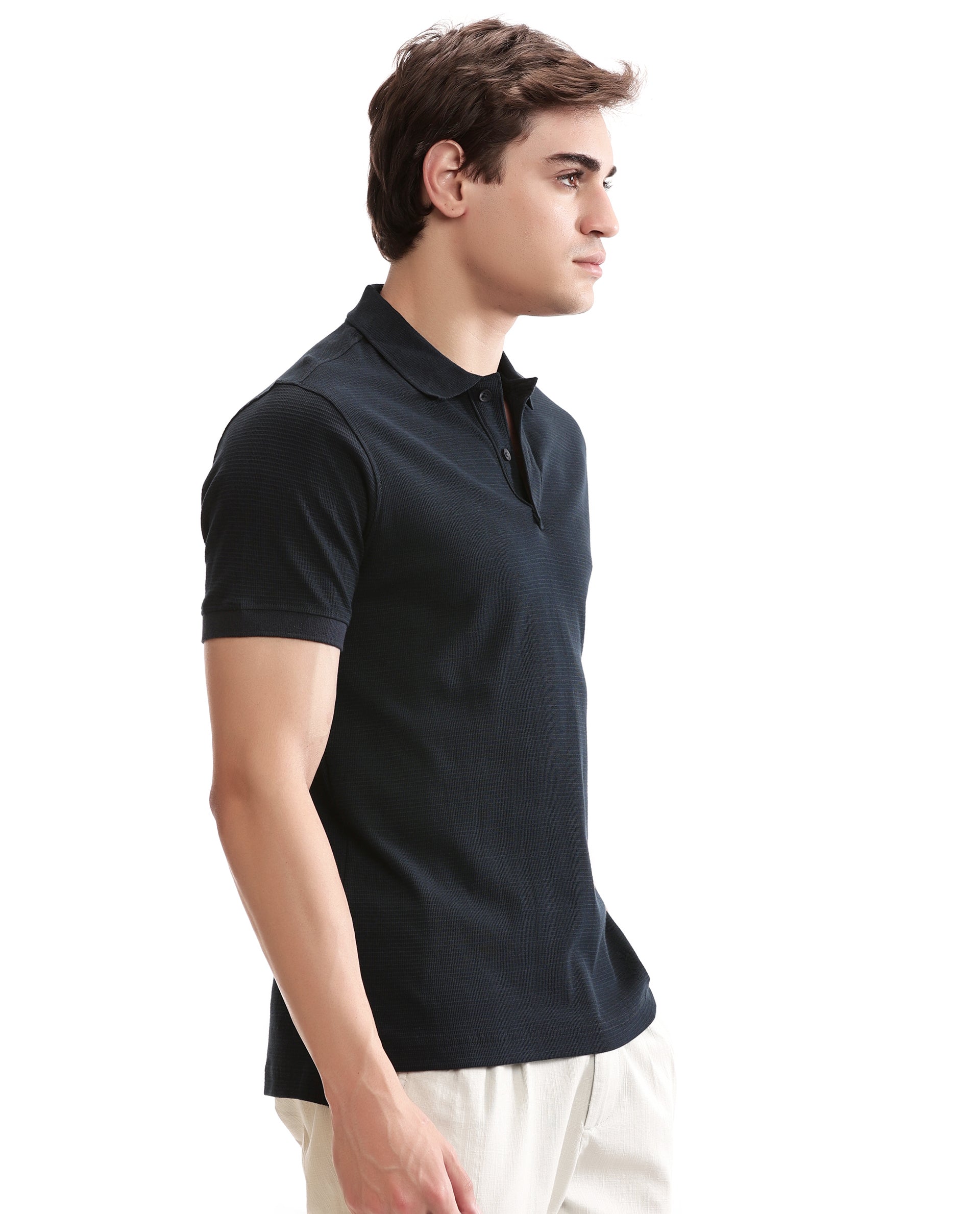 Midnight Navy Blue Knitted Waffle Polo with Ribbed Collar