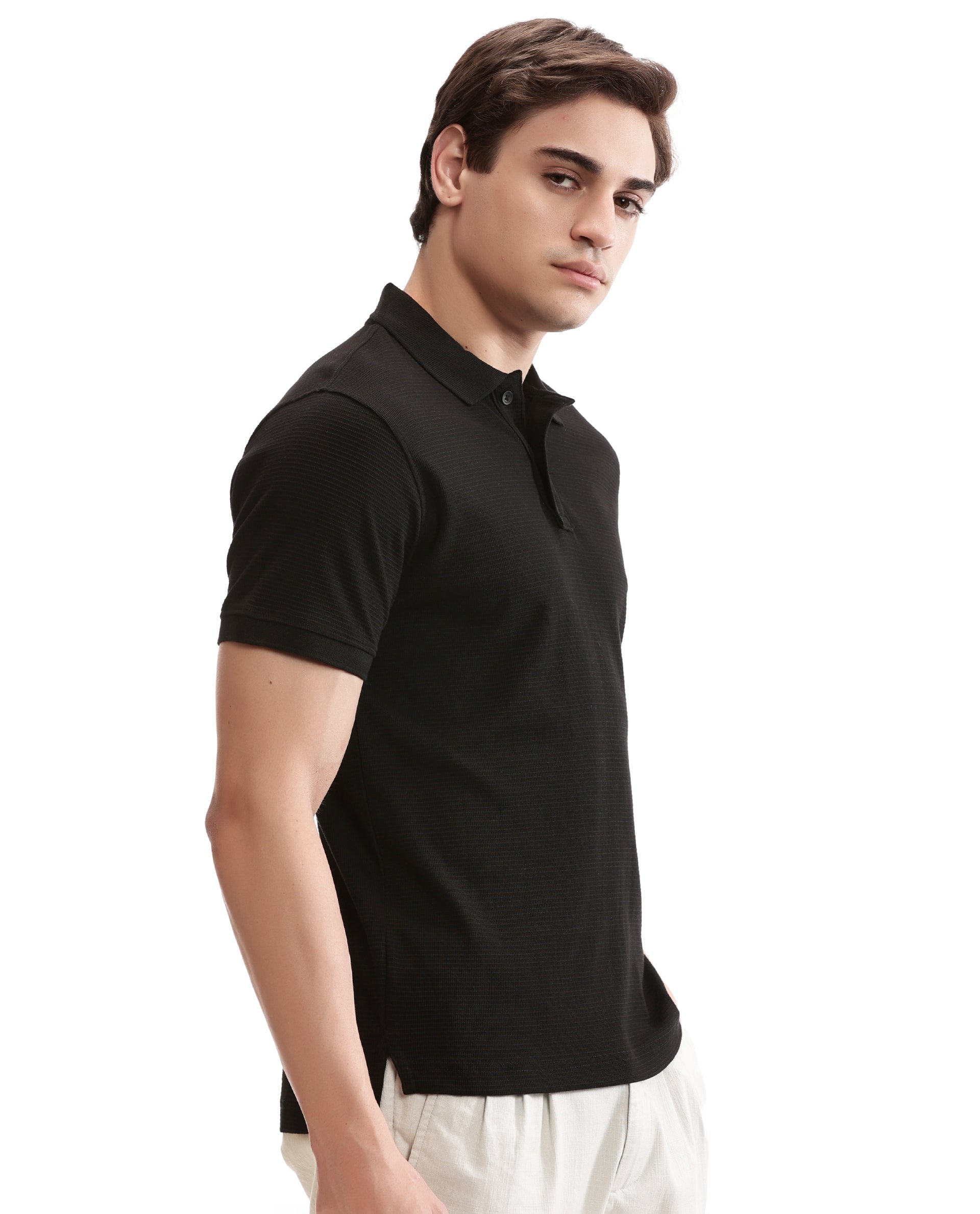 Charcoal Black Knitted Waffle Polo with Ribbed Collar