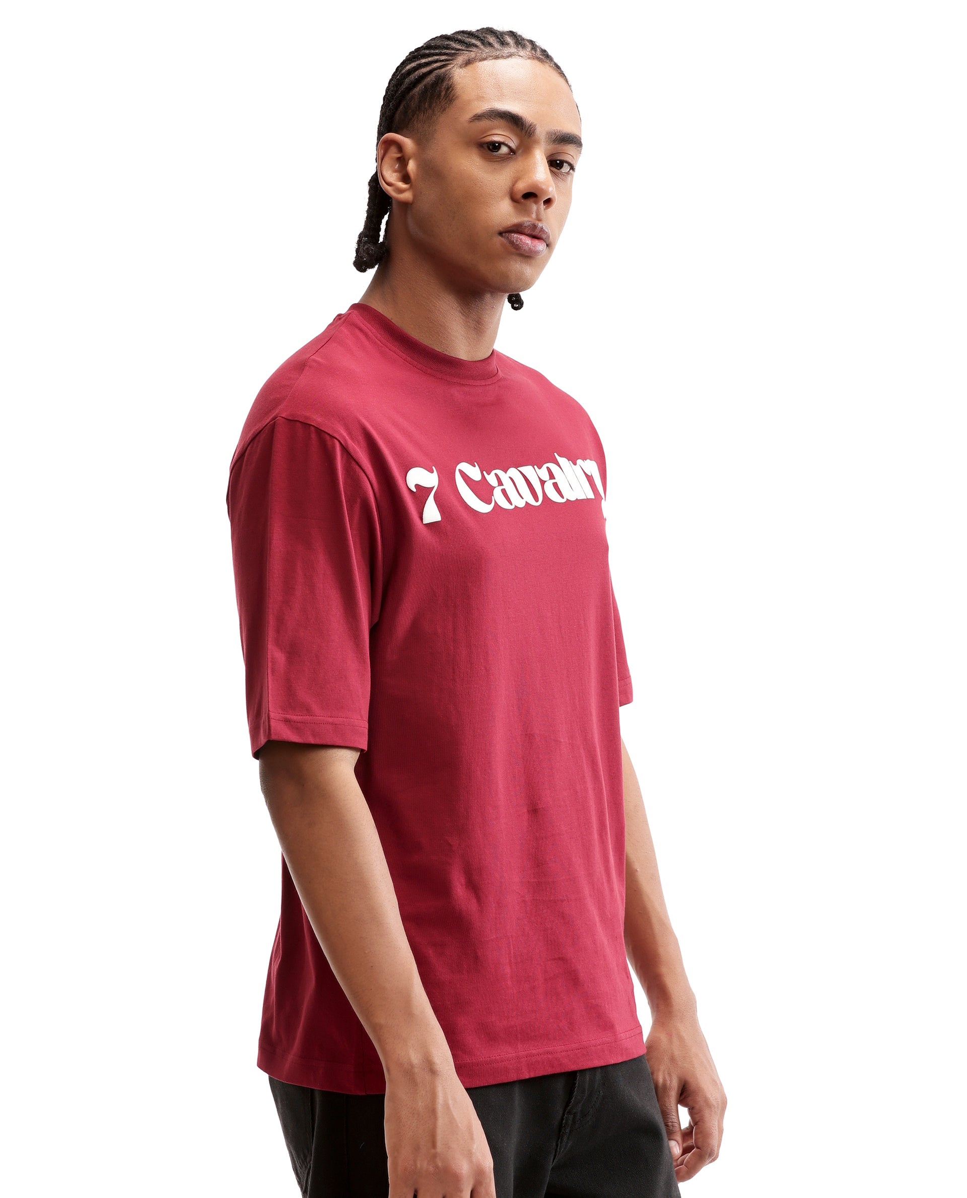 Bordeaux Maroon Single Jersey Crew Neck Oversized T-Shirt with Pure White Puff Print