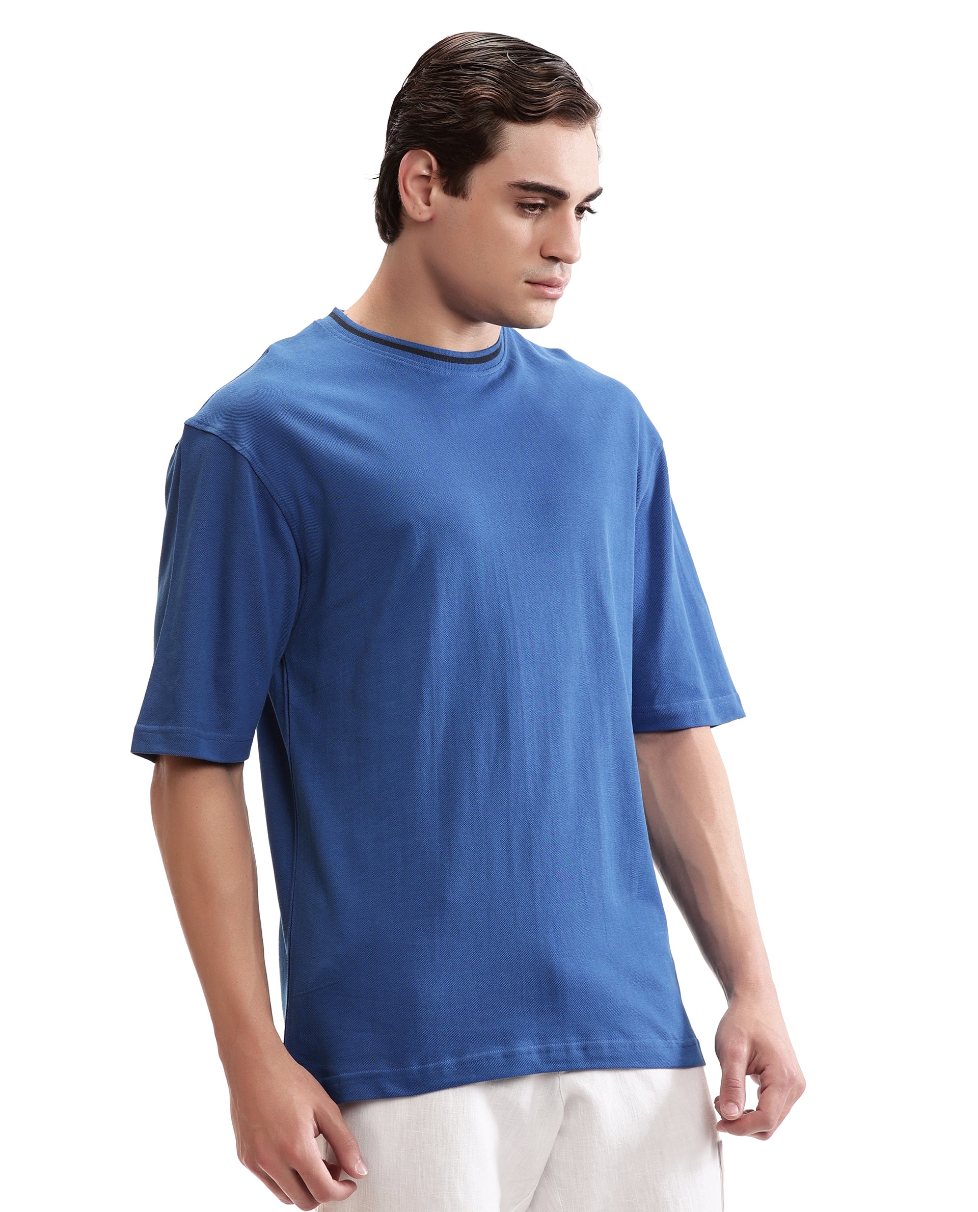 Imperial Prussian Blue Pique Crew Neck Oversized T-Shirt with Midnight Navy Blue Piping