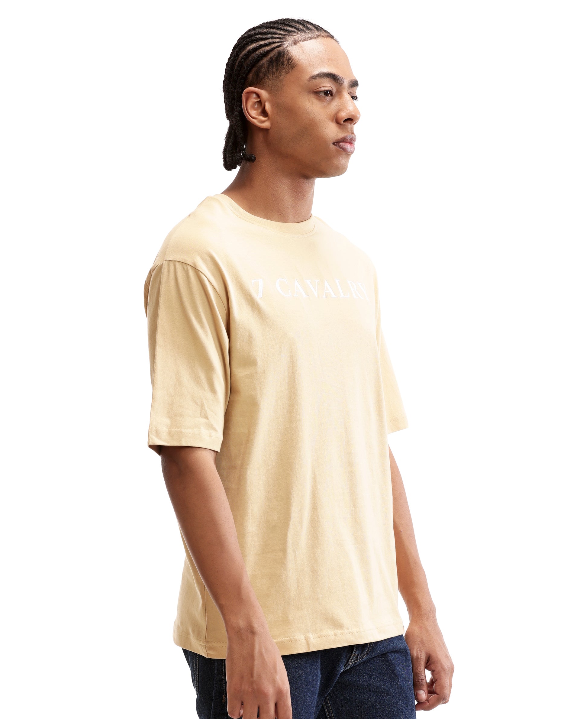 Camel Beige Single Jersey Crew Neck Oversized T-Shirt with Pure White Embroidery