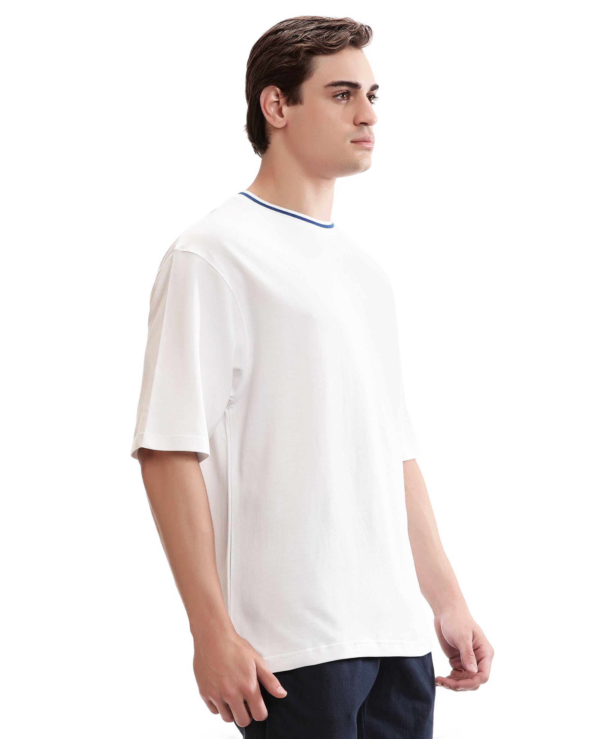 Pure White Pique Crew Neck Oversized T-Shirt with Imperial Prussian Blue Piping