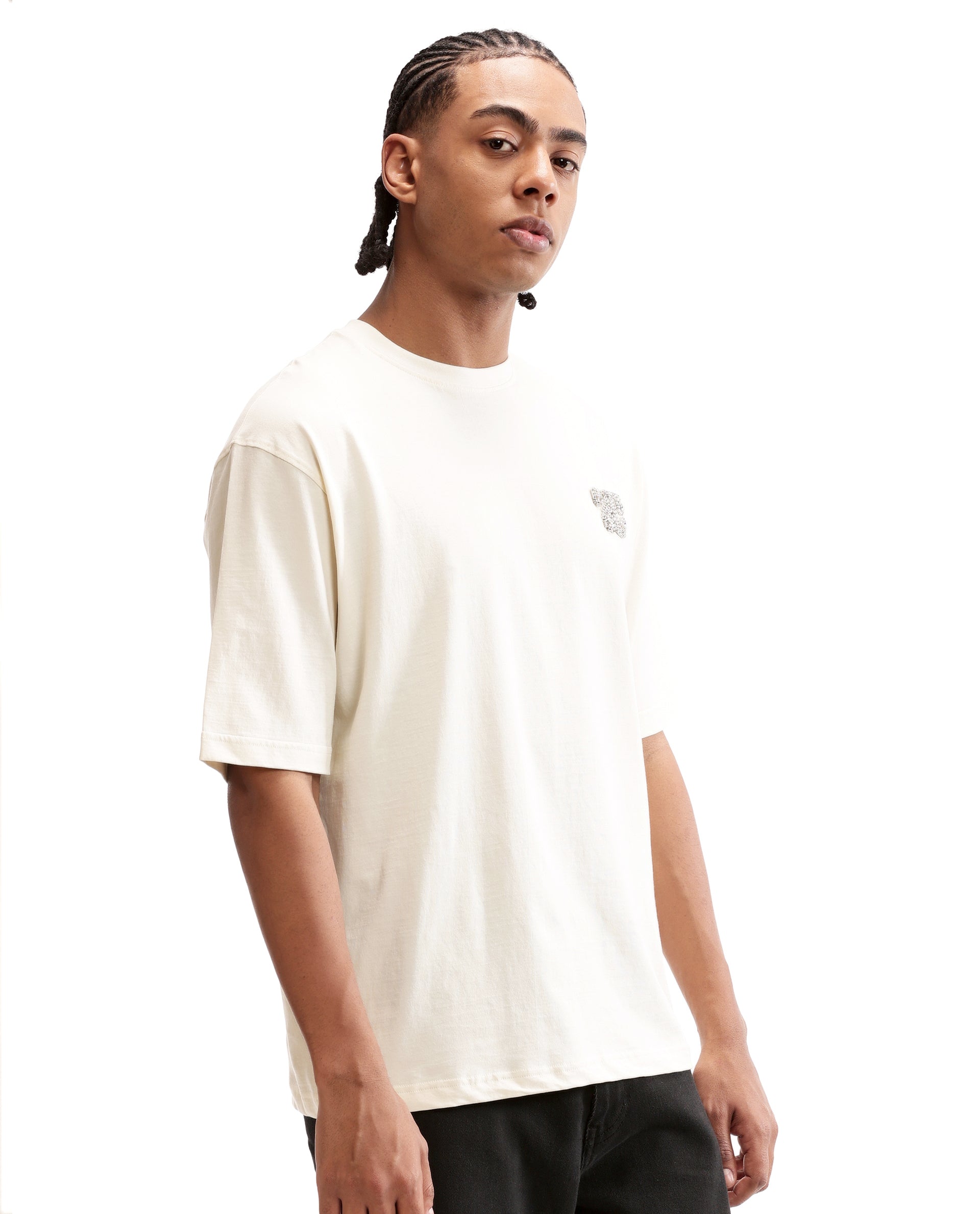 Ivory White Single Jersey Crew Neck Oversized T-Shirt with Crystal Finish Rhinestones