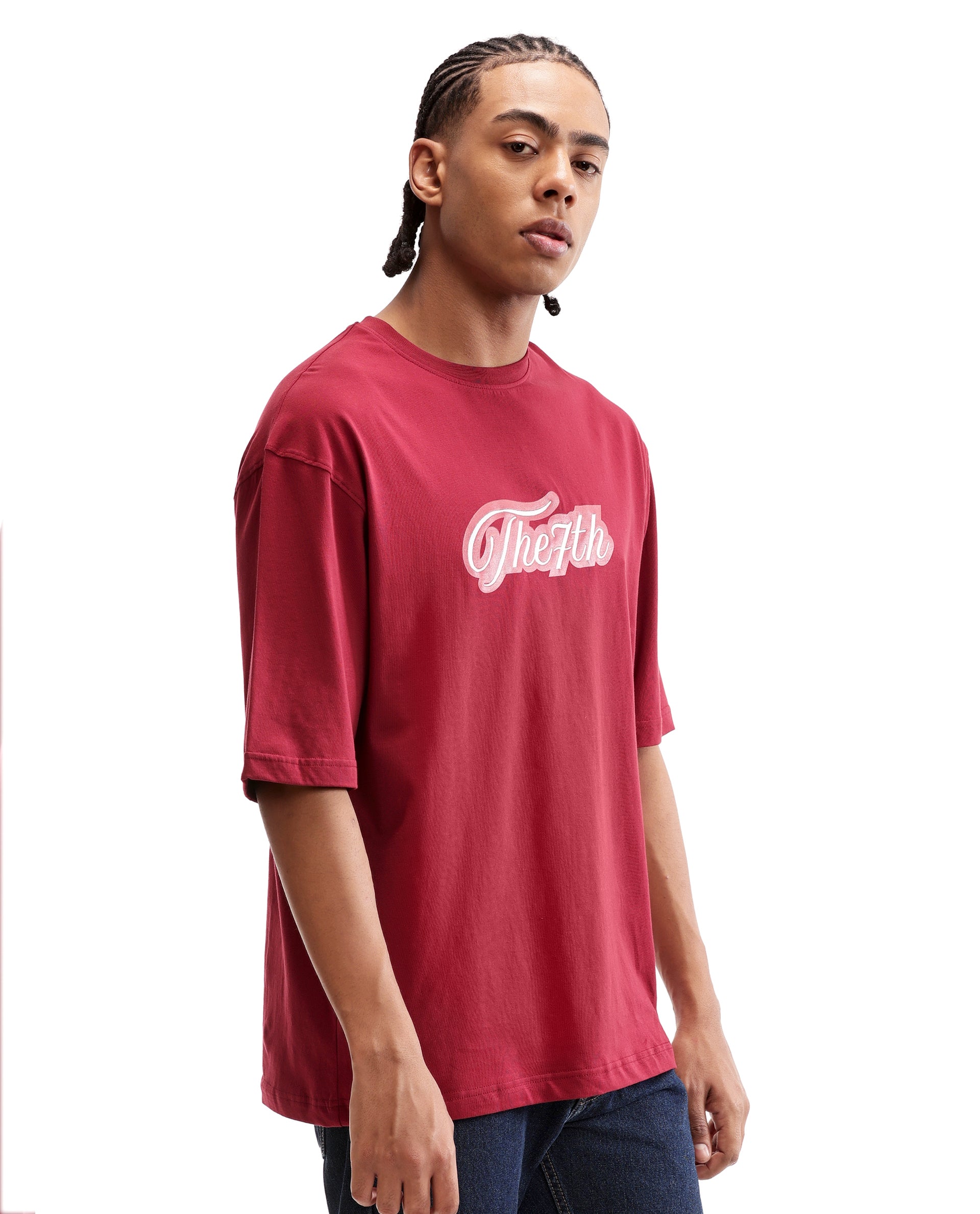 Bordeaux Maroon Single Jersey Crew Neck Oversized T-Shirt with Light Maroon Print & Pure White 7C Embroidery