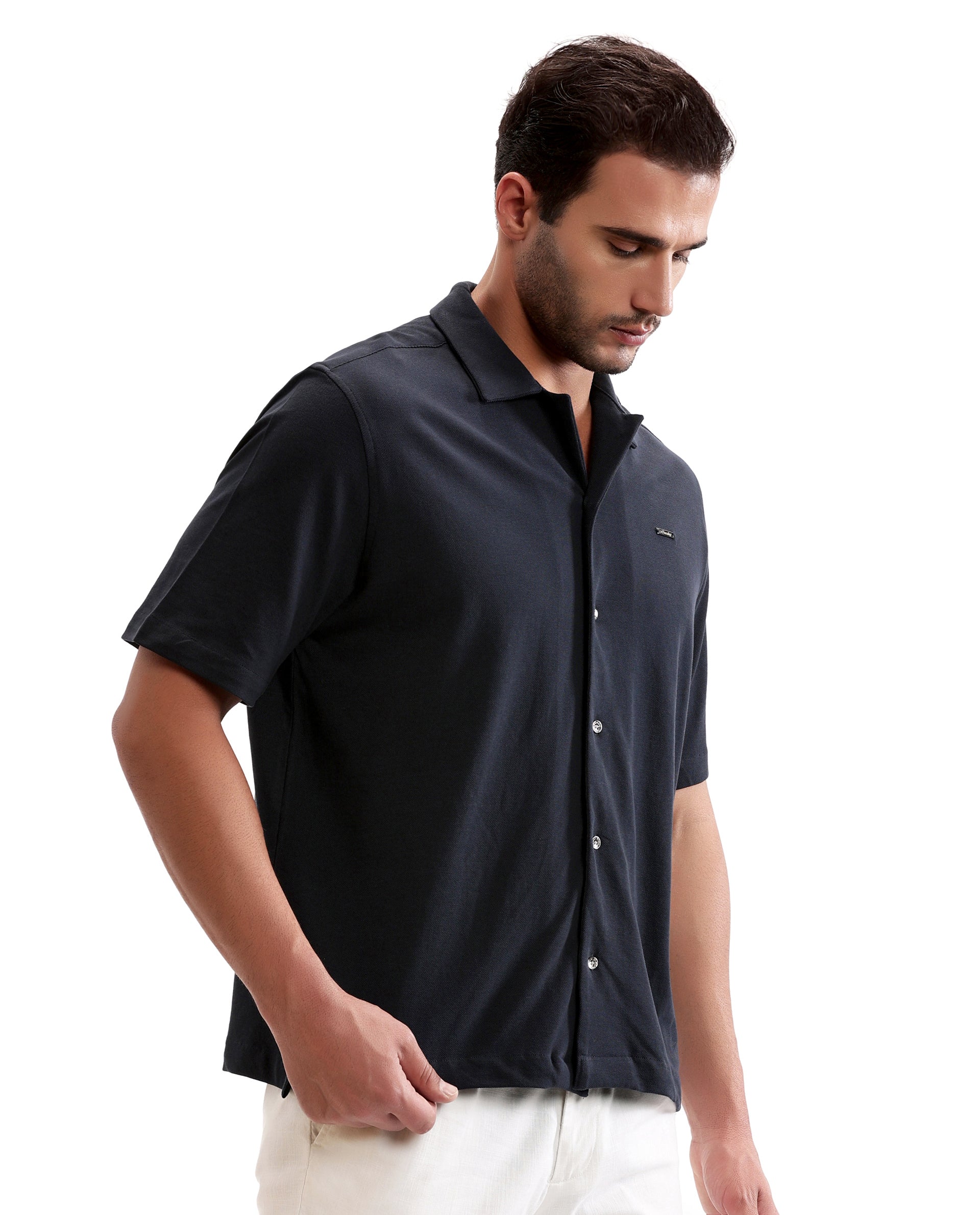 Midnight Navy Blue Pique Knit Shirt with 7C Metal Buttons, Gun Metal Badge