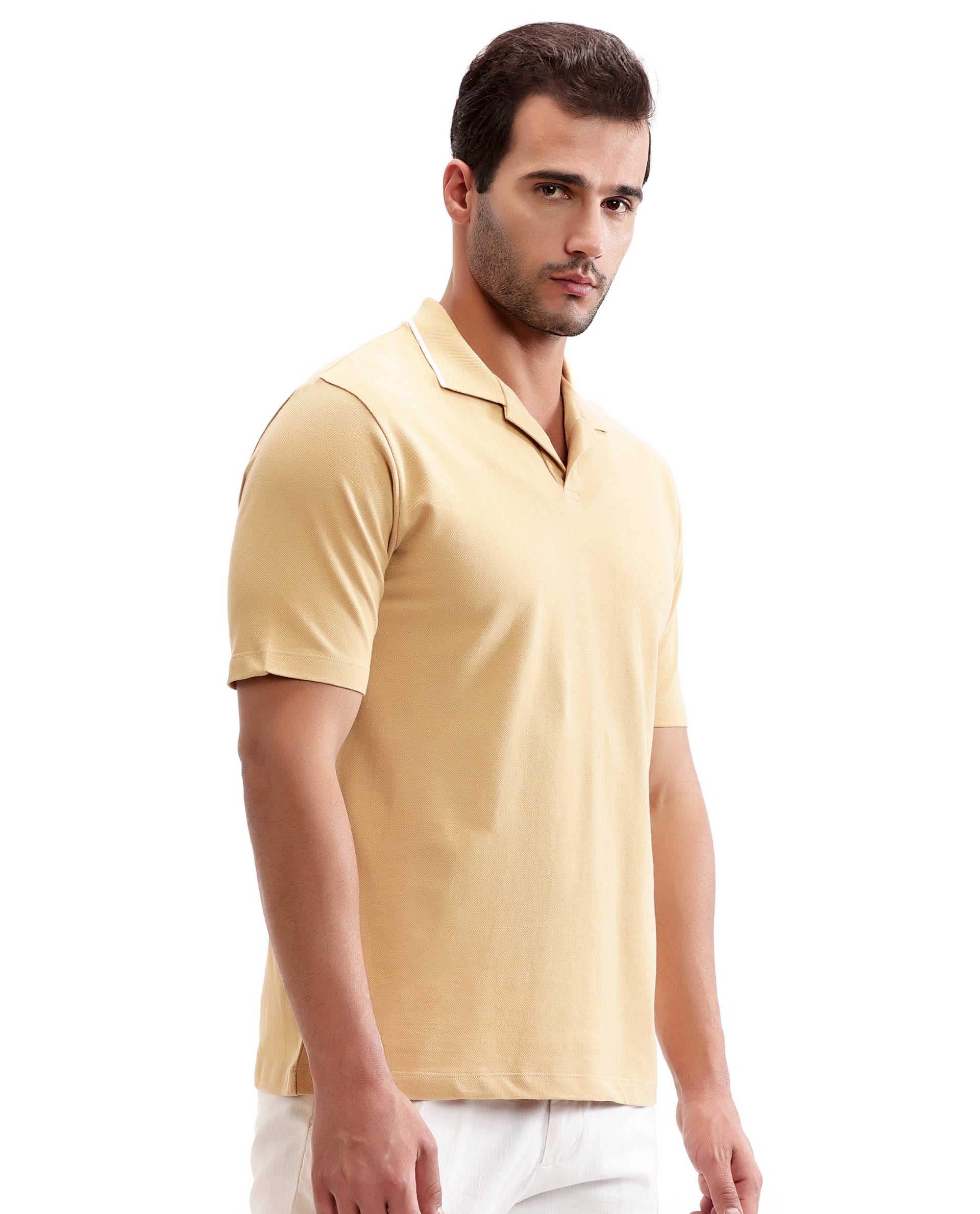 Camel Beige Johnny Collar Pique Polo with White Collar Piping