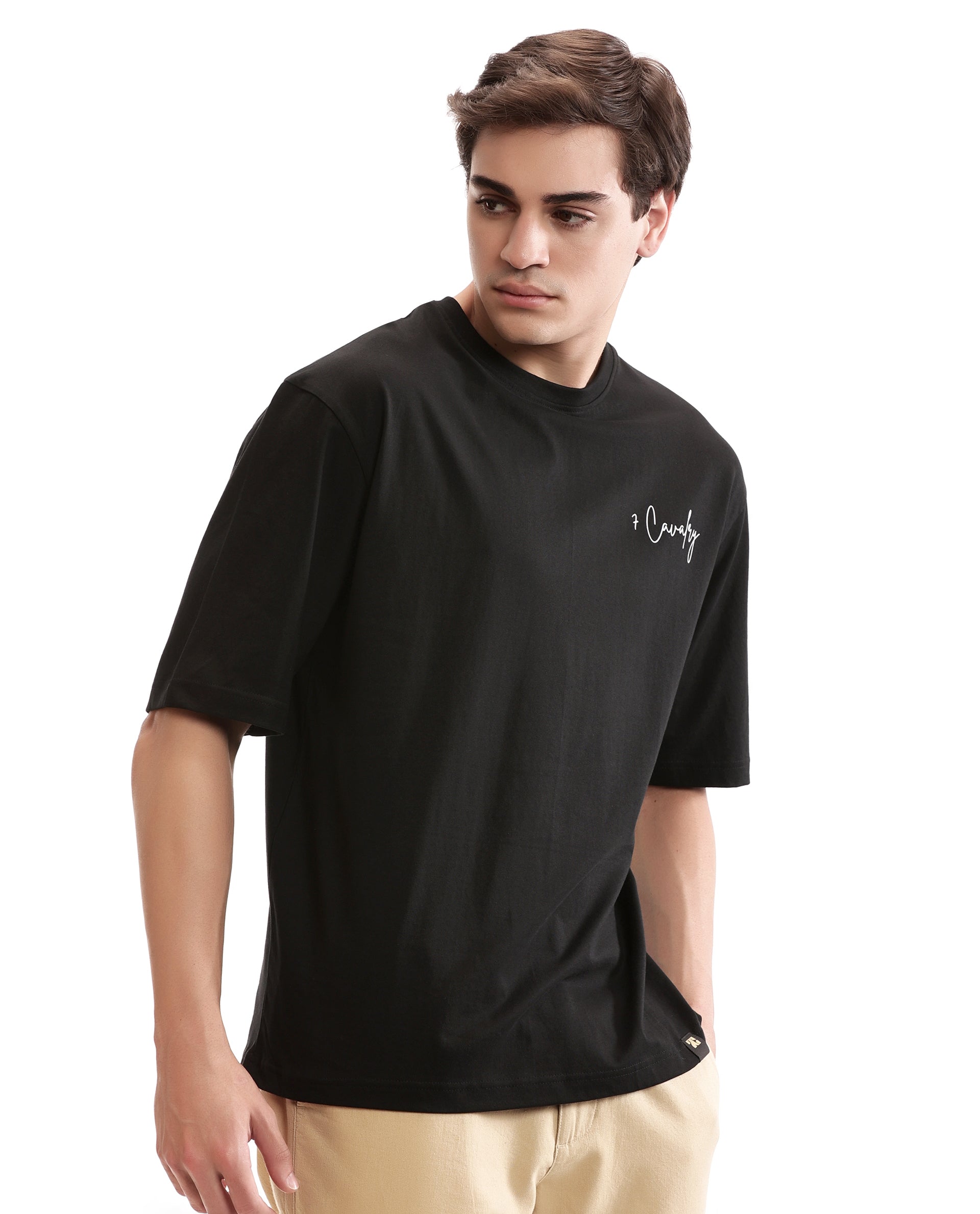 Charcoal Black Single Jersey Crew Neck Oversized T-Shirt with Pure White Non-PVC Print